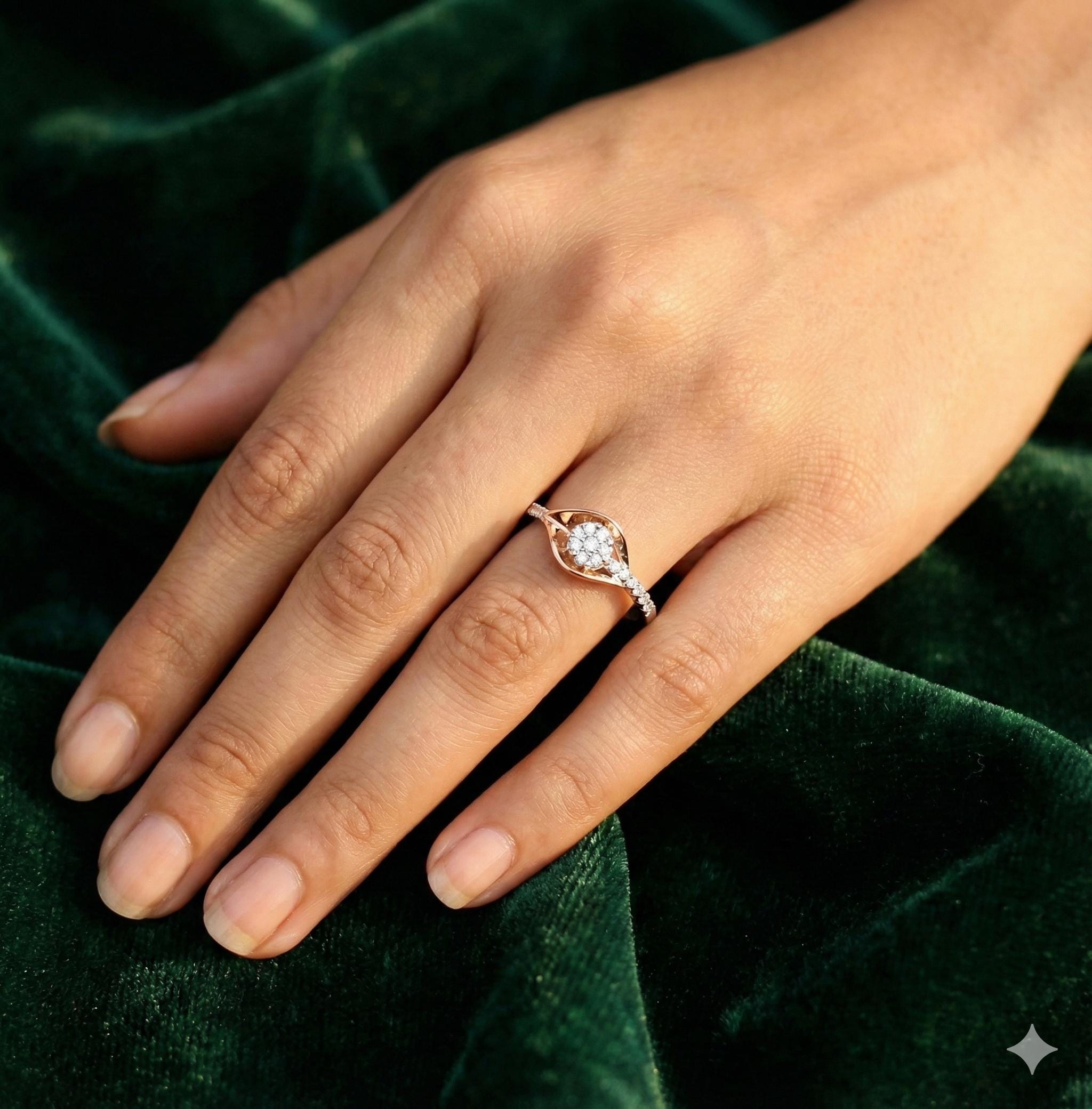 Sterling Silver Leaf Ring, Dainty Moissanite Pave Band