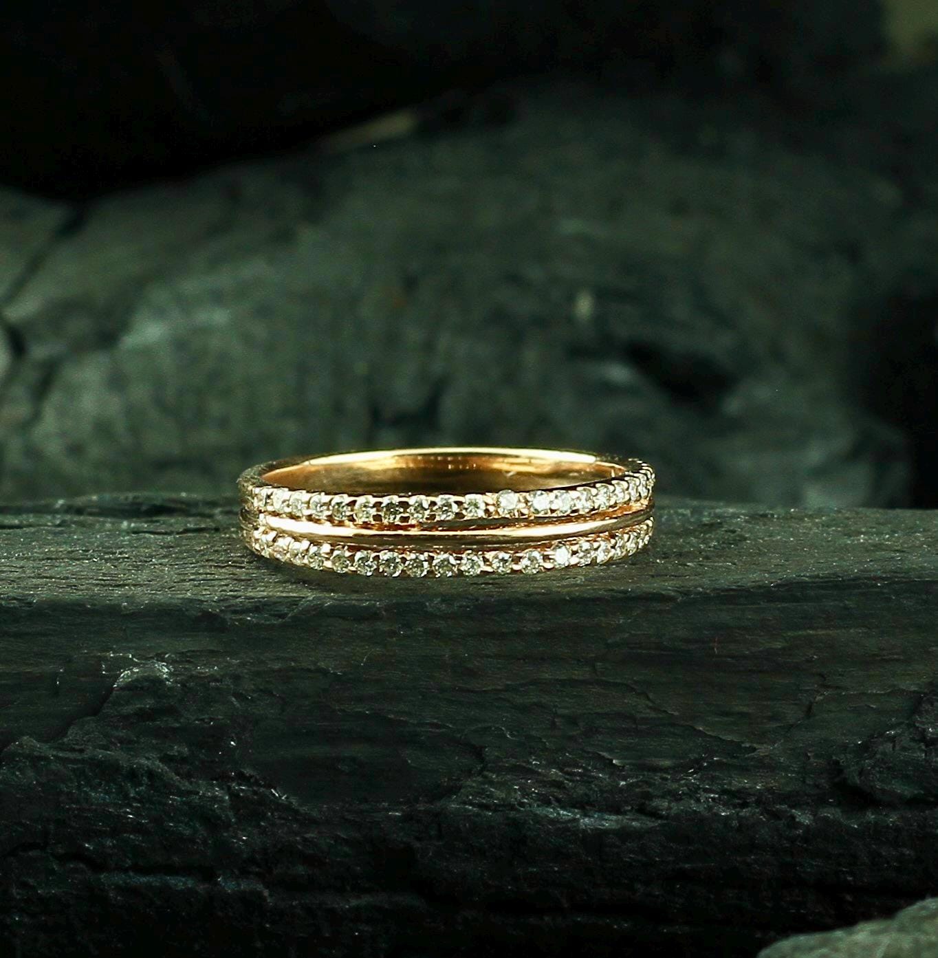 Moissanite Double Row Sterling Silver Band, Dainty Pave Eternity Ring