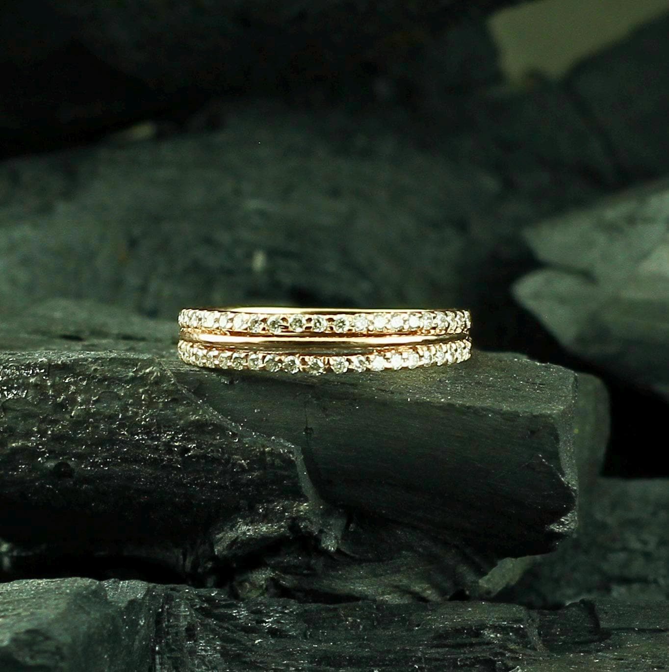 Moissanite Double Row Sterling Silver Band, Dainty Pave Eternity Ring