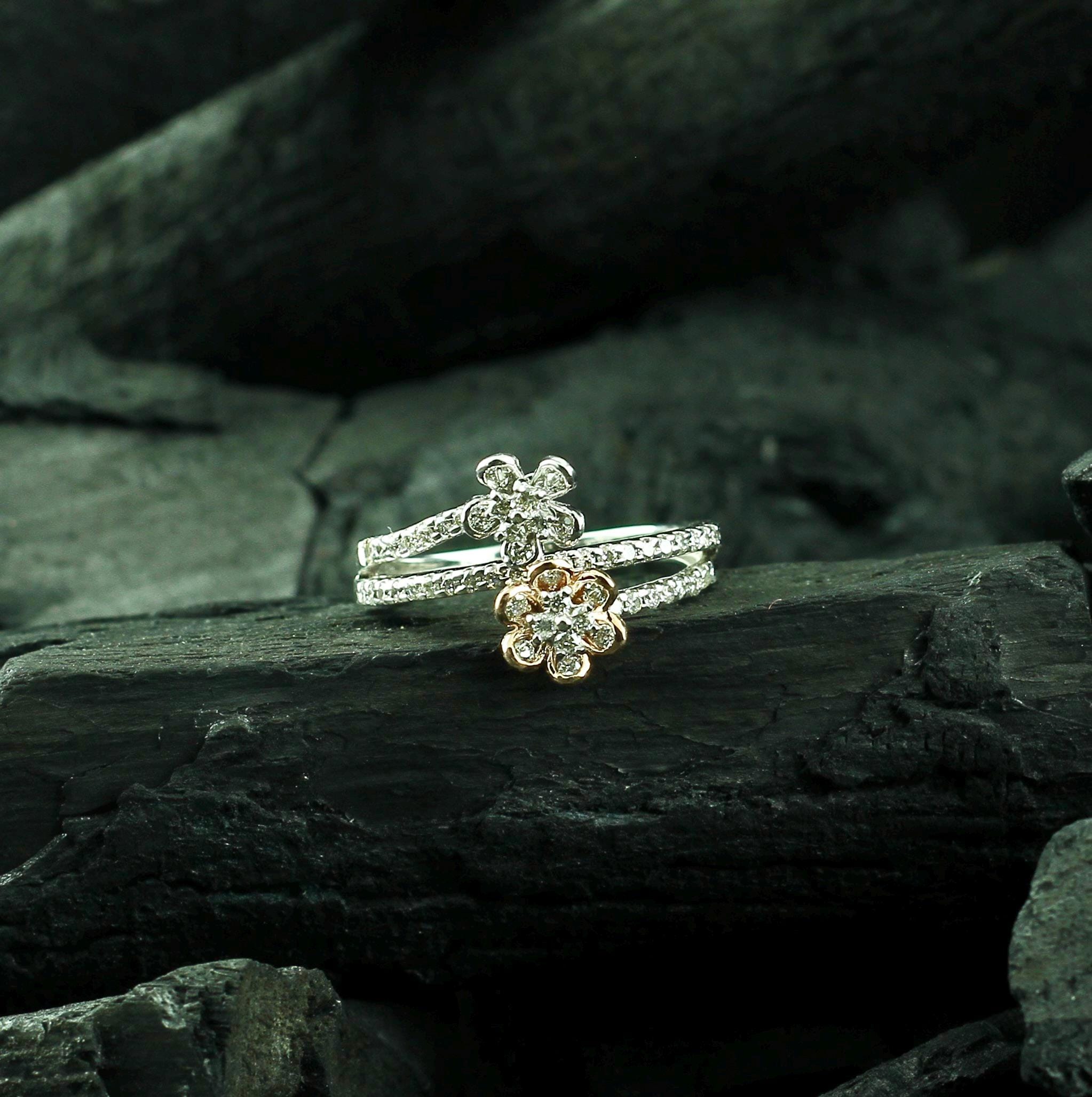 Sterling Silver Flower Ring, Moissanite Pave, Dainty Floral Stacking