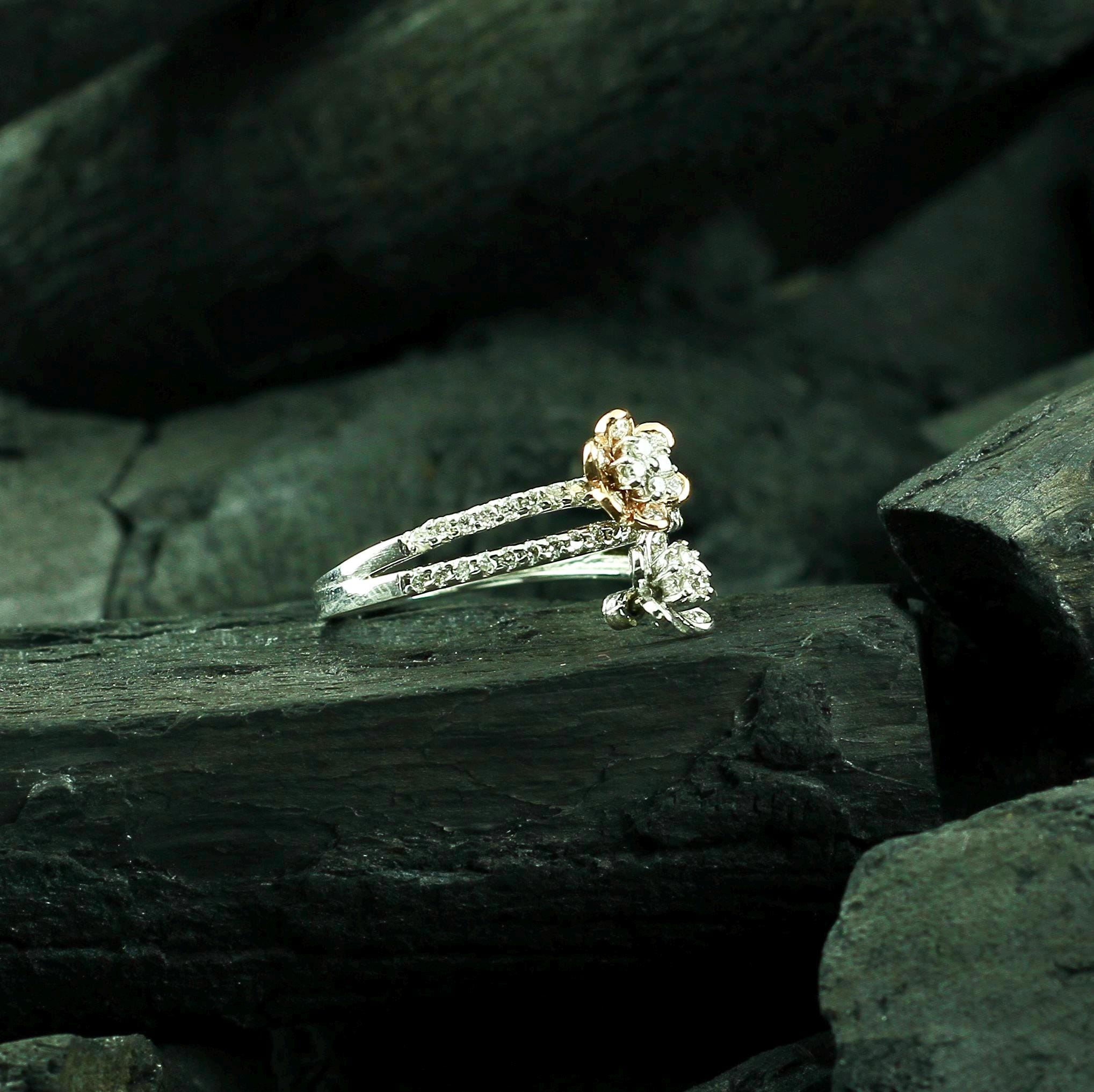 Sterling Silver Flower Ring, Moissanite Pave, Dainty Floral Stacking