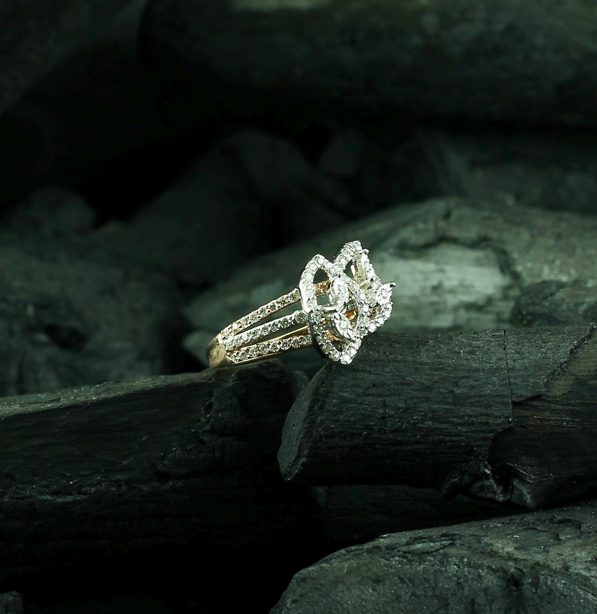 Moissanite Leaf Ring, Sterling Silver Floral Bridal Dainty Cocktail Handmade Artisan Ring
