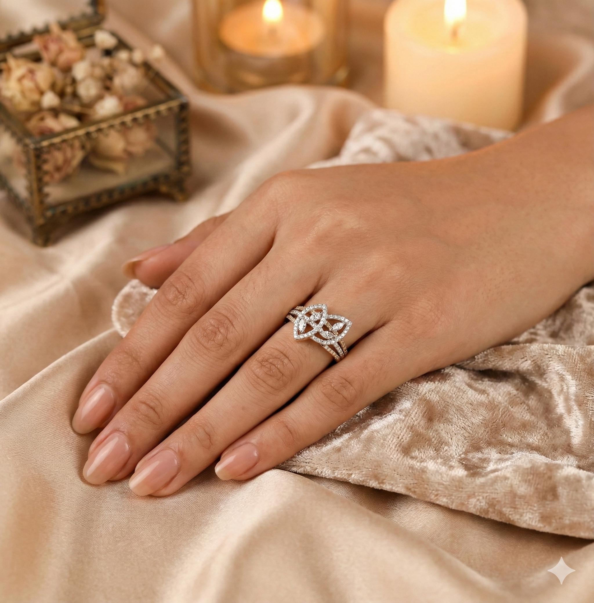 Moissanite Leaf Ring, Sterling Silver Floral Bridal Dainty Cocktail Handmade Artisan Ring