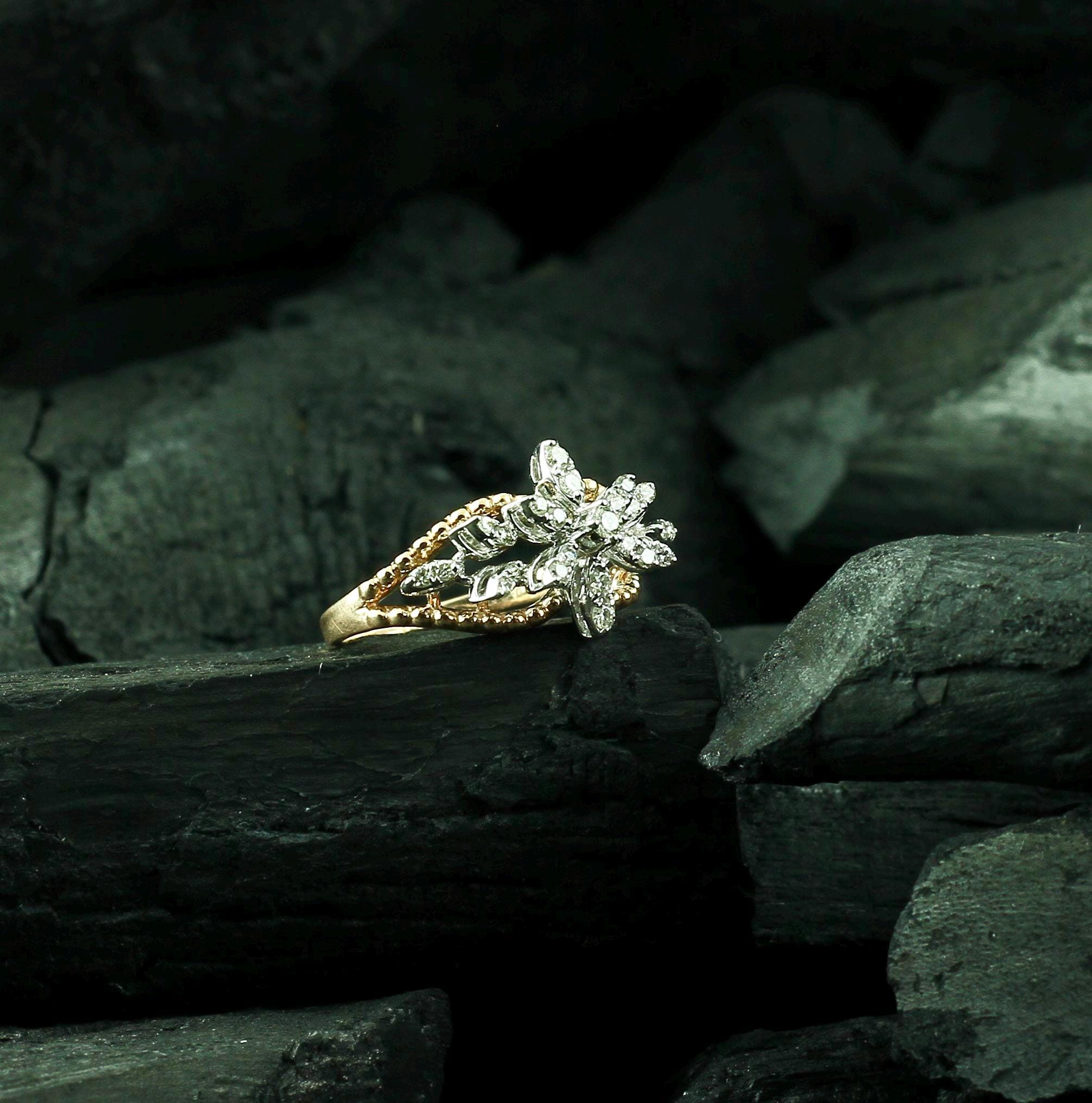 Sterling Silver Leaf Cluster Ring, Moissanite Floral Bridal Jewelry