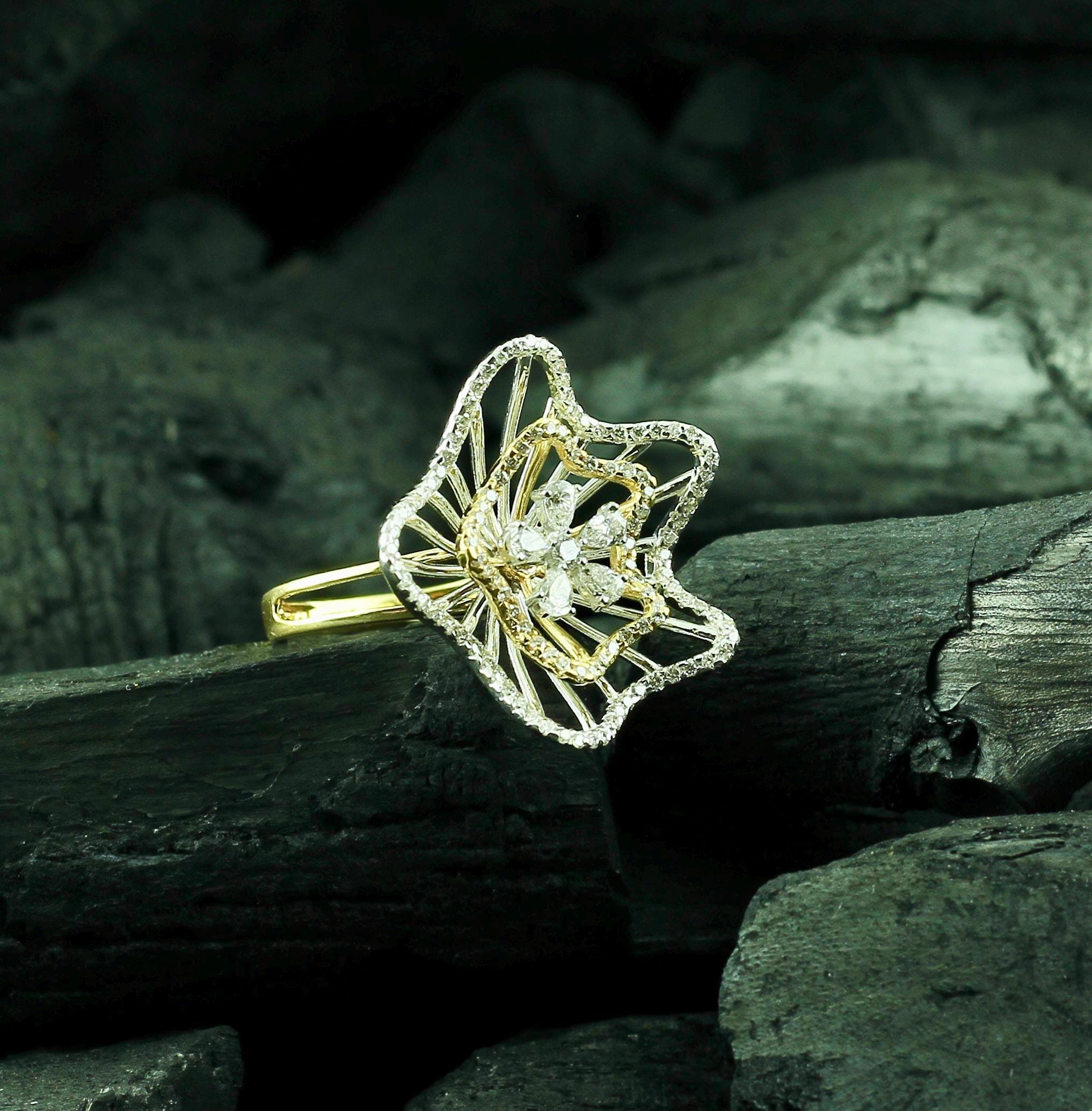 Sterling Silver Big Flower Ring, Moissanite Art Deco Floral Dainty Statement Minimalist Bridal Ring
