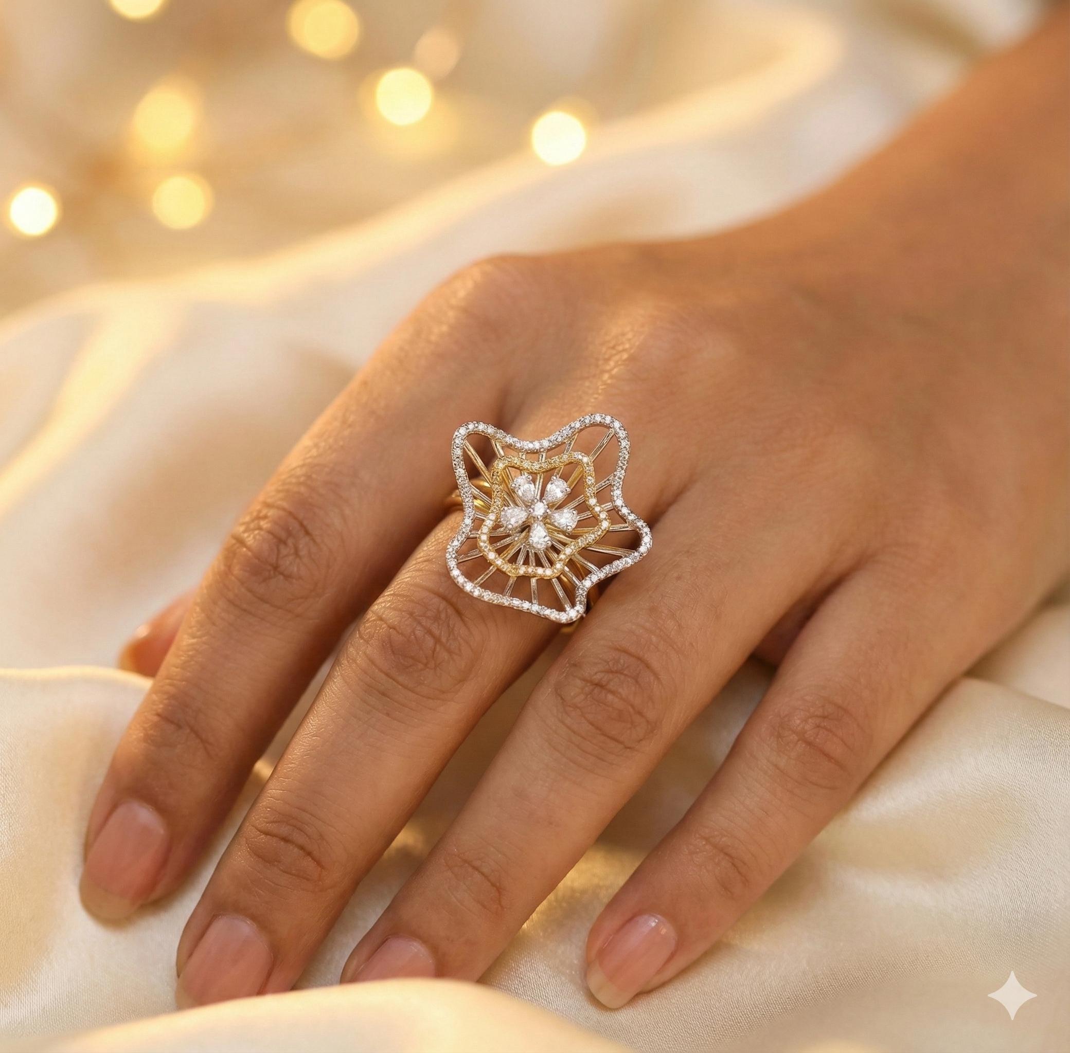 Sterling Silver Big Flower Ring, Moissanite Art Deco Floral Dainty Statement Minimalist Bridal Ring