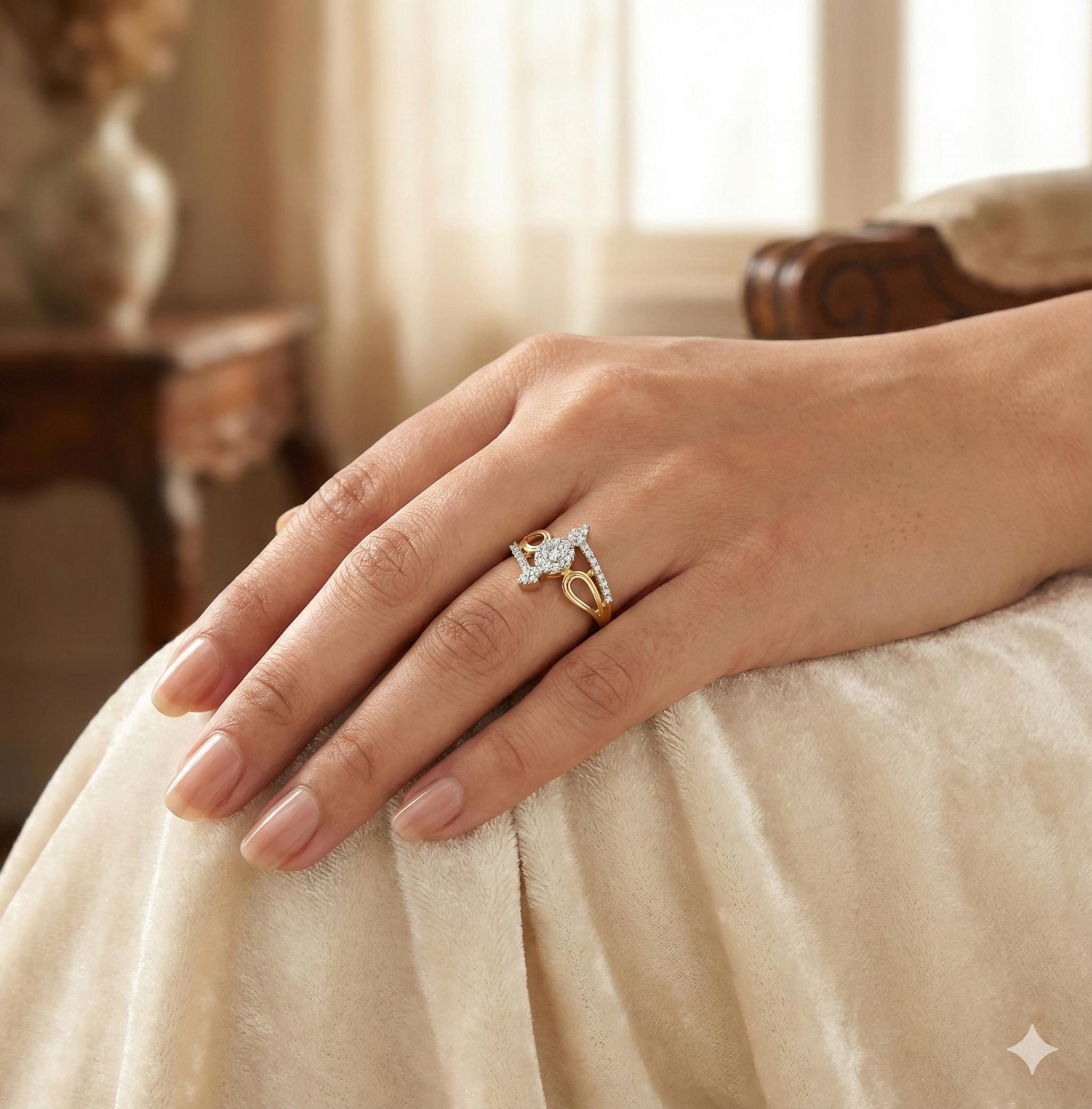 Moissanite Bypass Ring, Sterling Silver Floral Art Deco Anniversary Gift