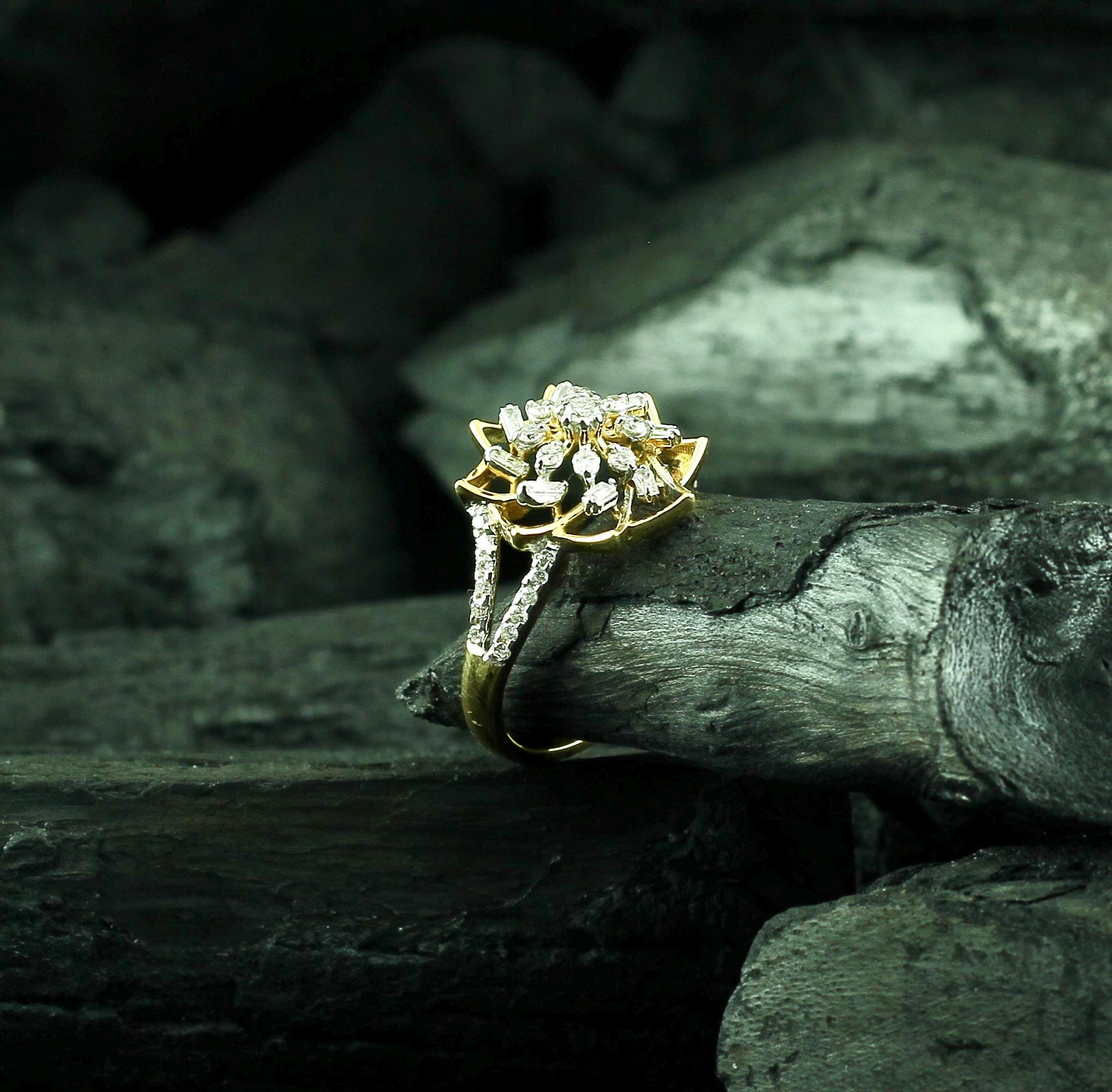 Moissanite Flower Ring • Sterling Silver Baguette Starburst, Art Deco