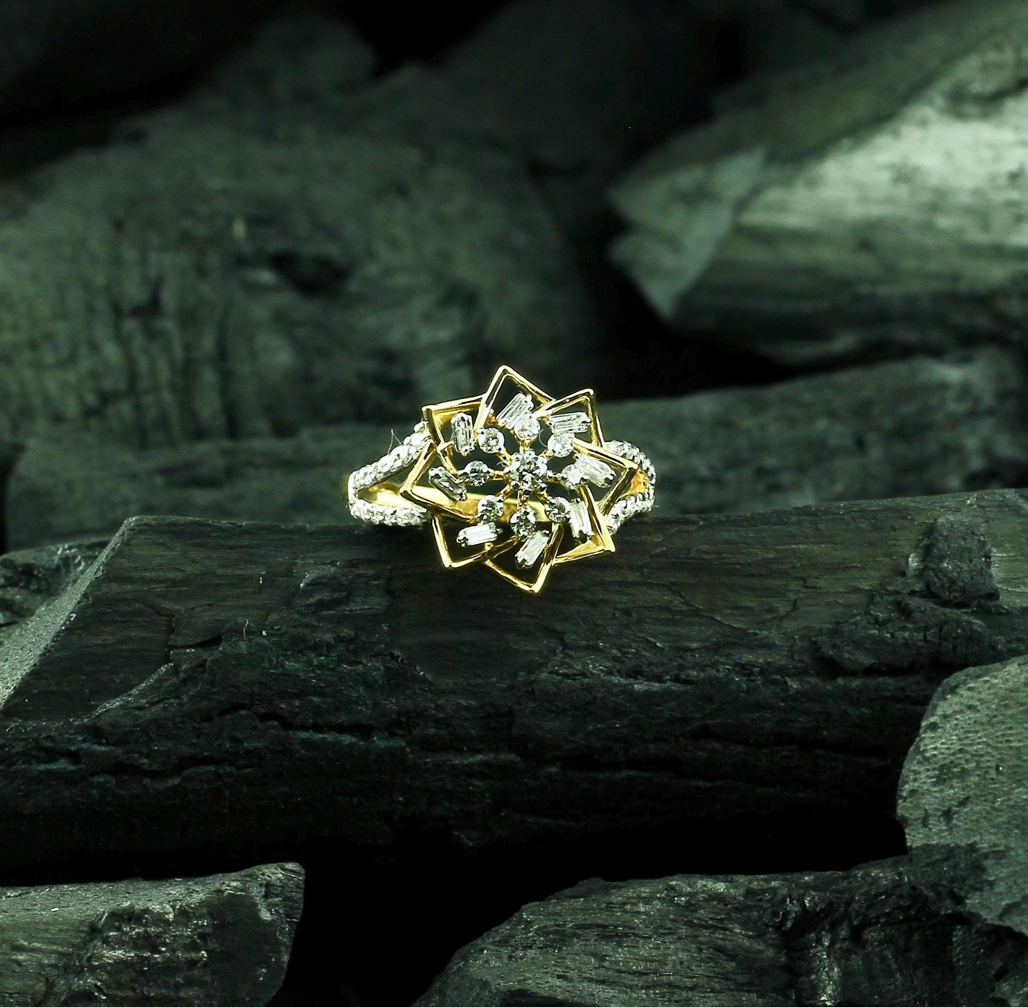 Moissanite Flower Ring • Sterling Silver Baguette Starburst, Art Deco