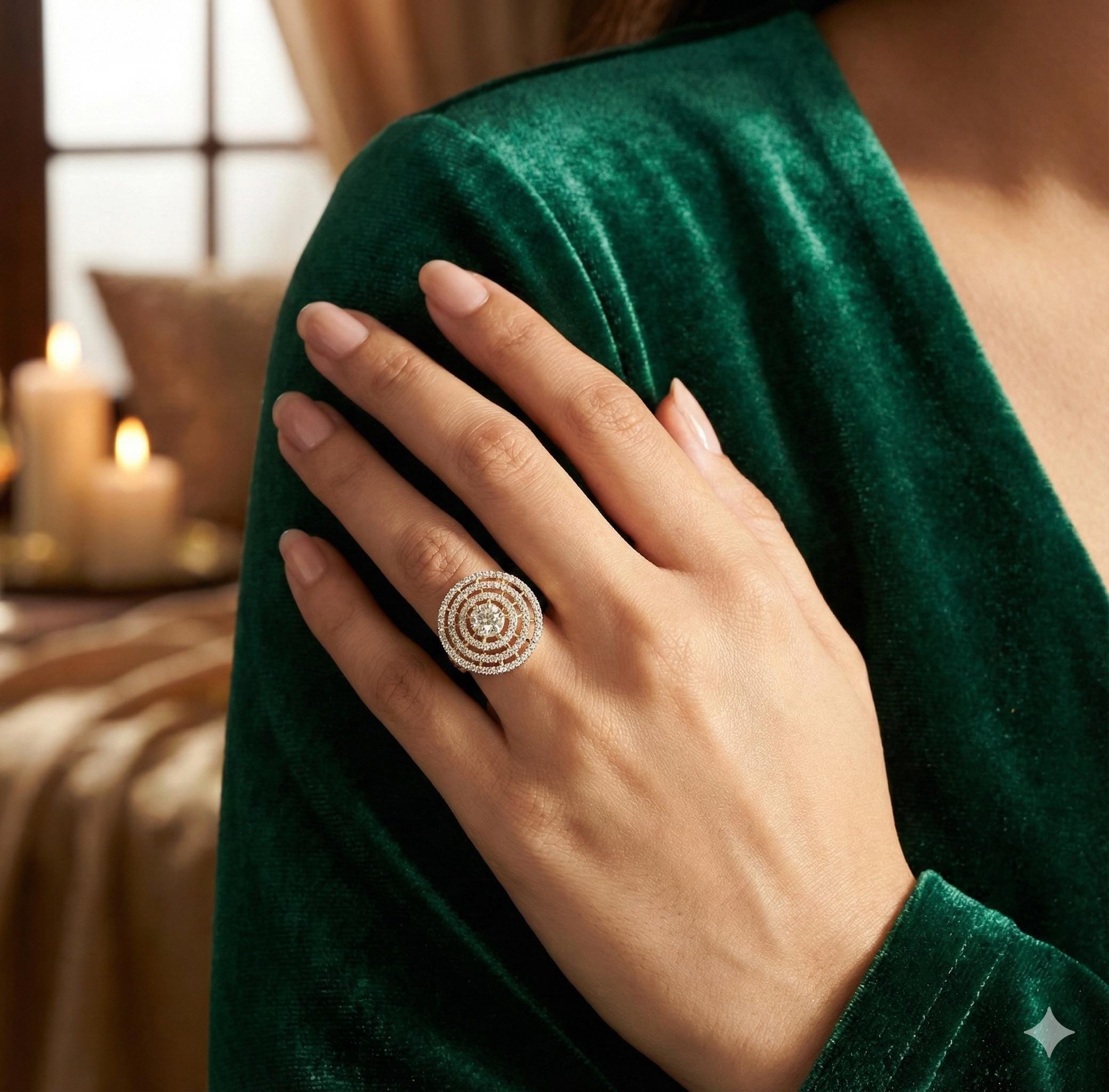 Moissanite Halo Ring, Sterling Silver Art Deco Flower Statement