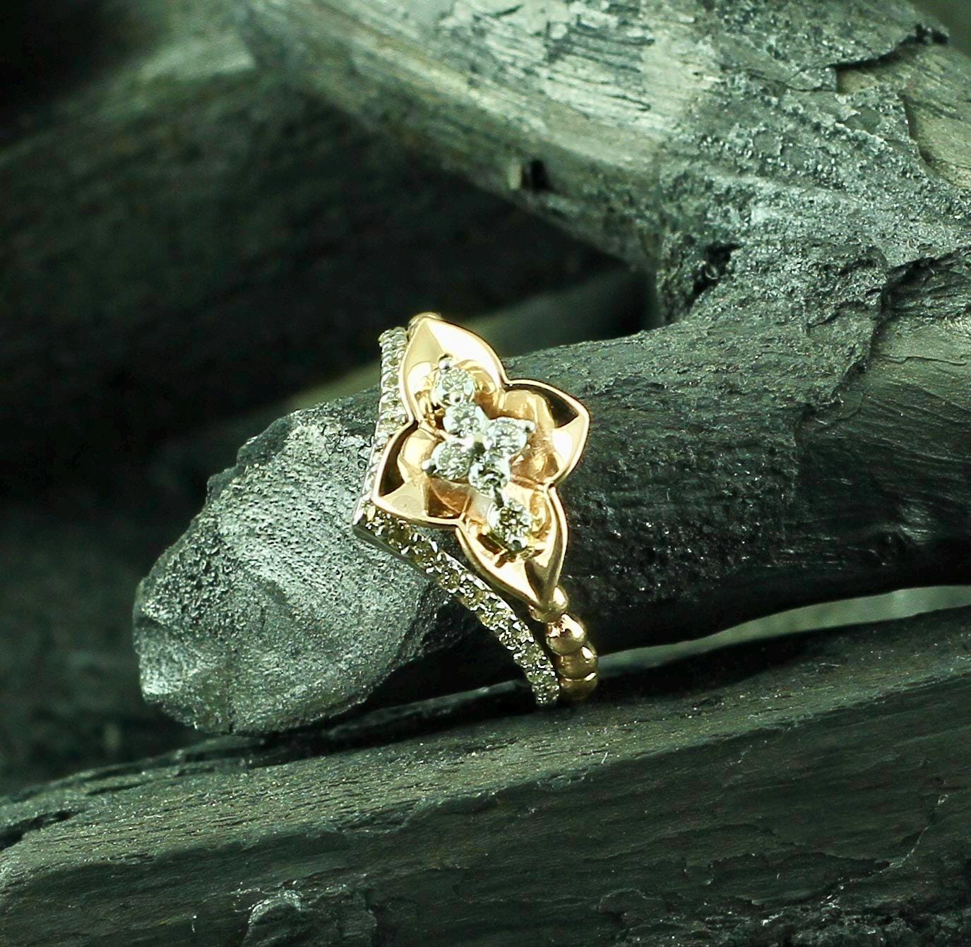 Floral Moissanite Sterling Silver Ring • Mixed Metal Accent Band