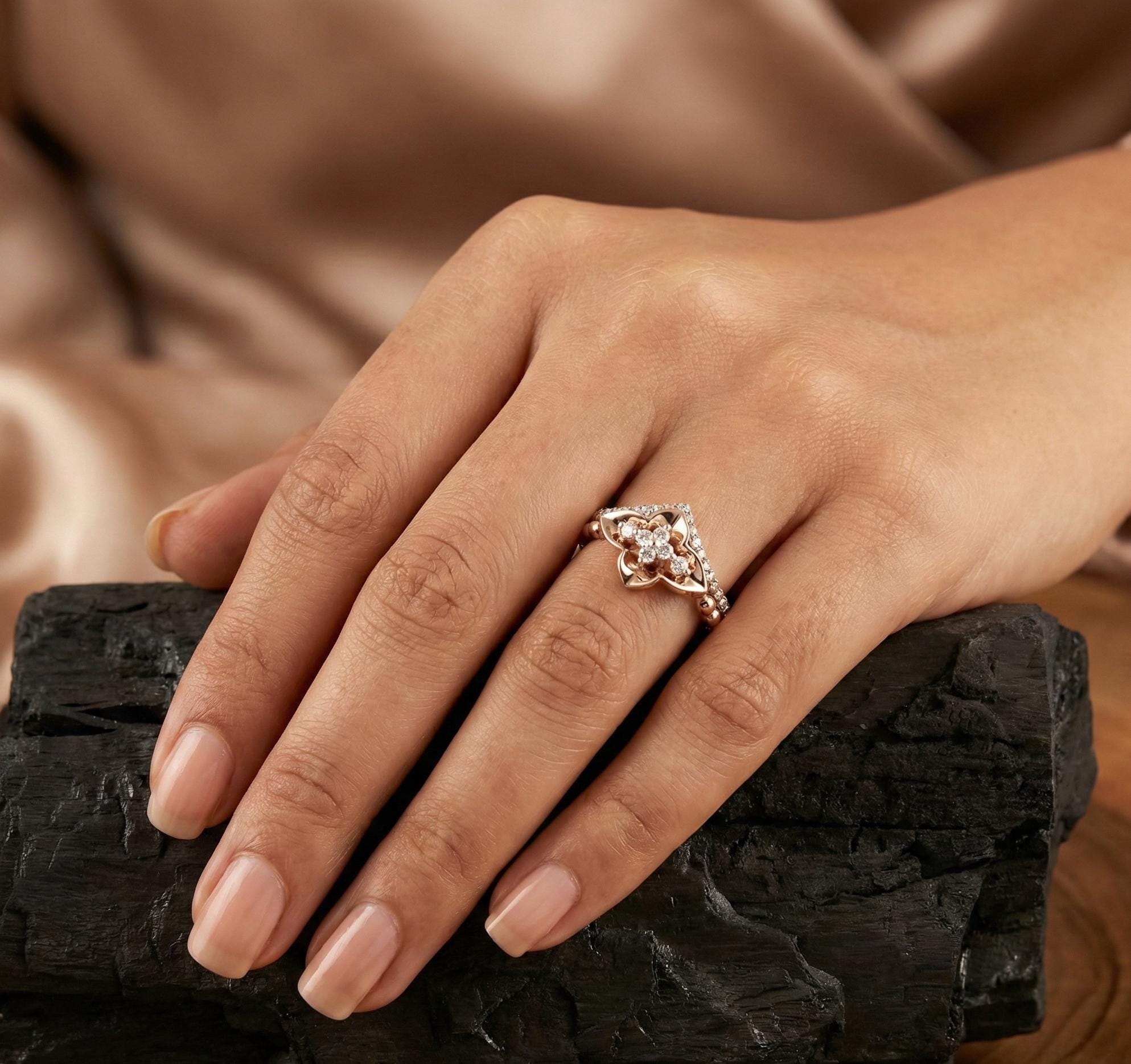 Floral Moissanite Sterling Silver Ring • Mixed Metal Accent Band