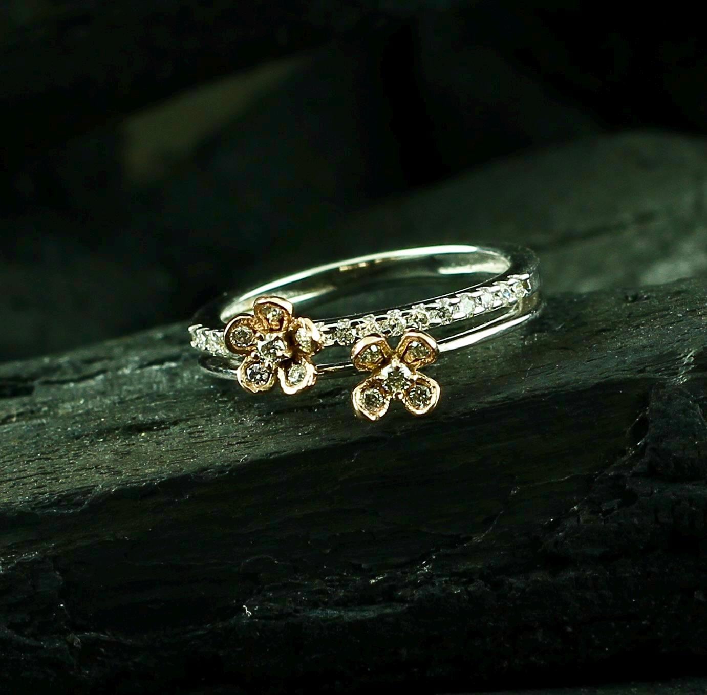Floral Moissanite Ring • Sterling Silver Dual Flower Accent Band