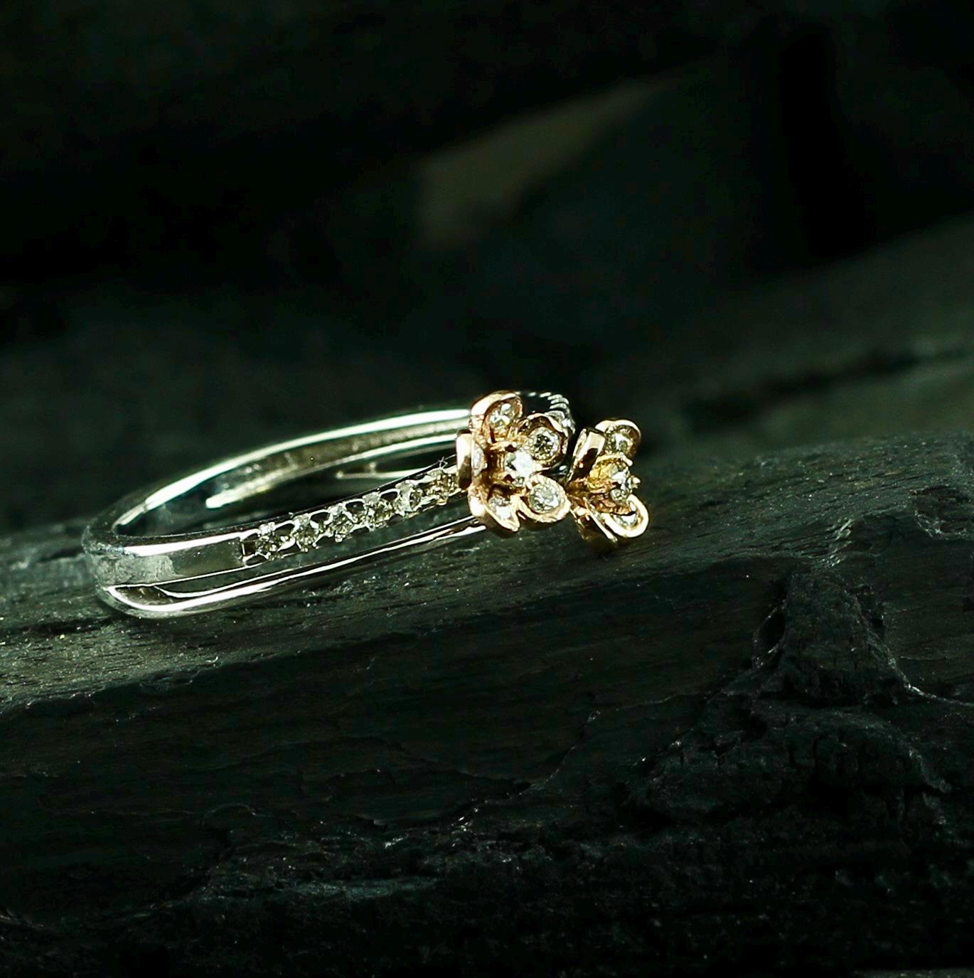 Floral Moissanite Ring • Sterling Silver Dual Flower Accent Band