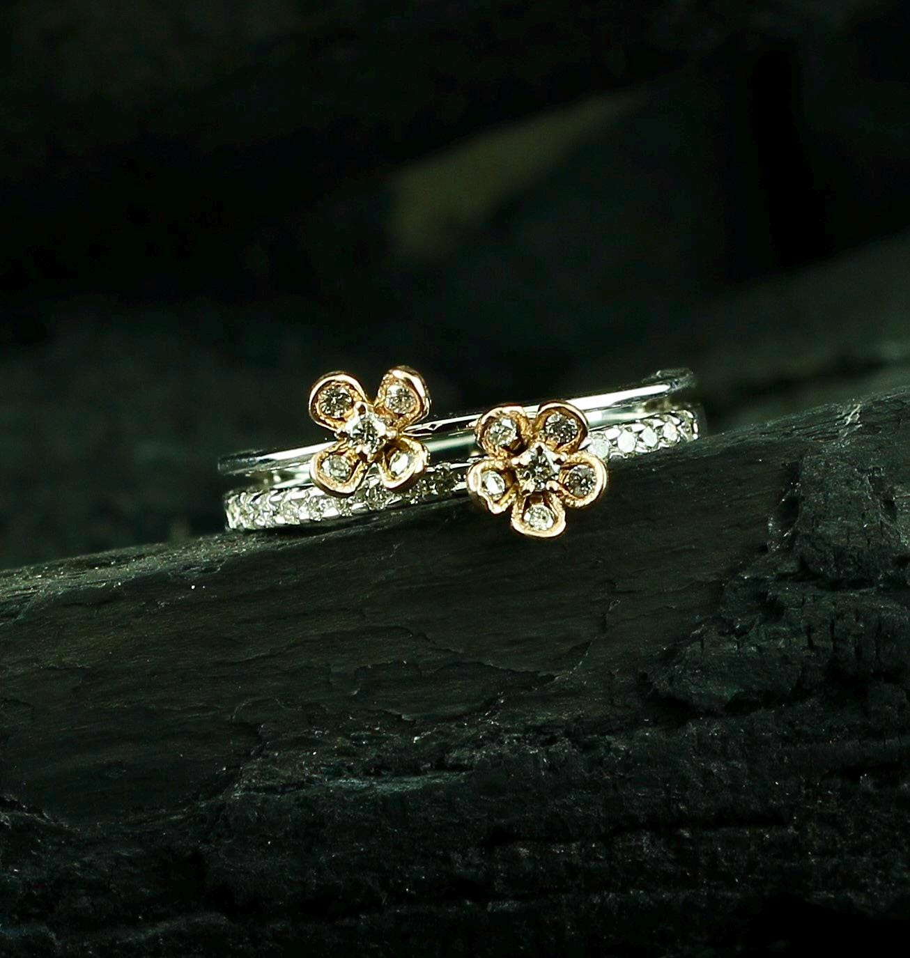 Floral Moissanite Ring • Sterling Silver Dual Flower Accent Band