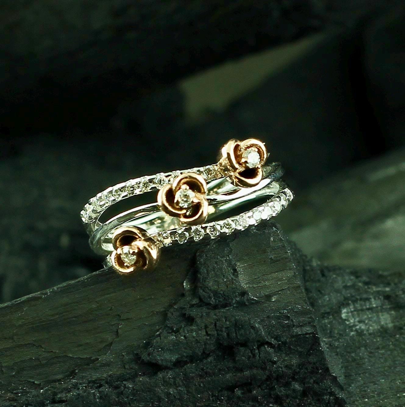 Moissanite Flower Ring • Two-Tone Sterling Silver Floral Band