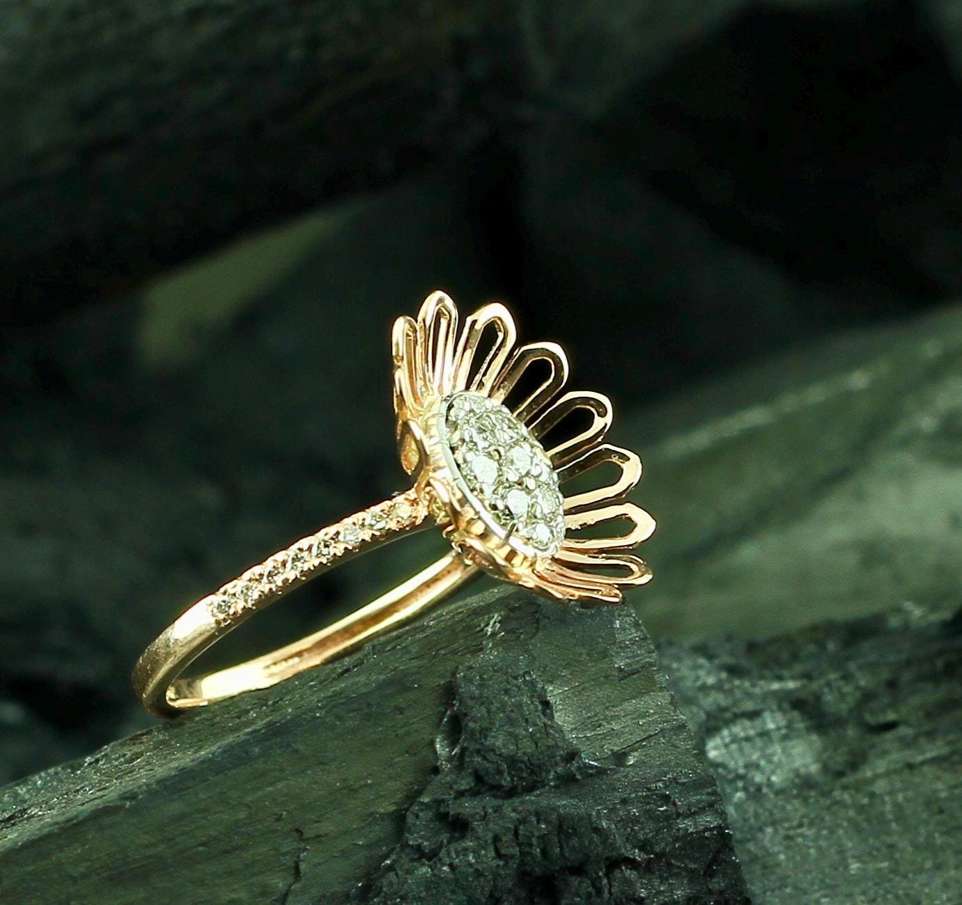 Sunflower Moissanite Ring • Sterling Silver Floral Pavé Band
