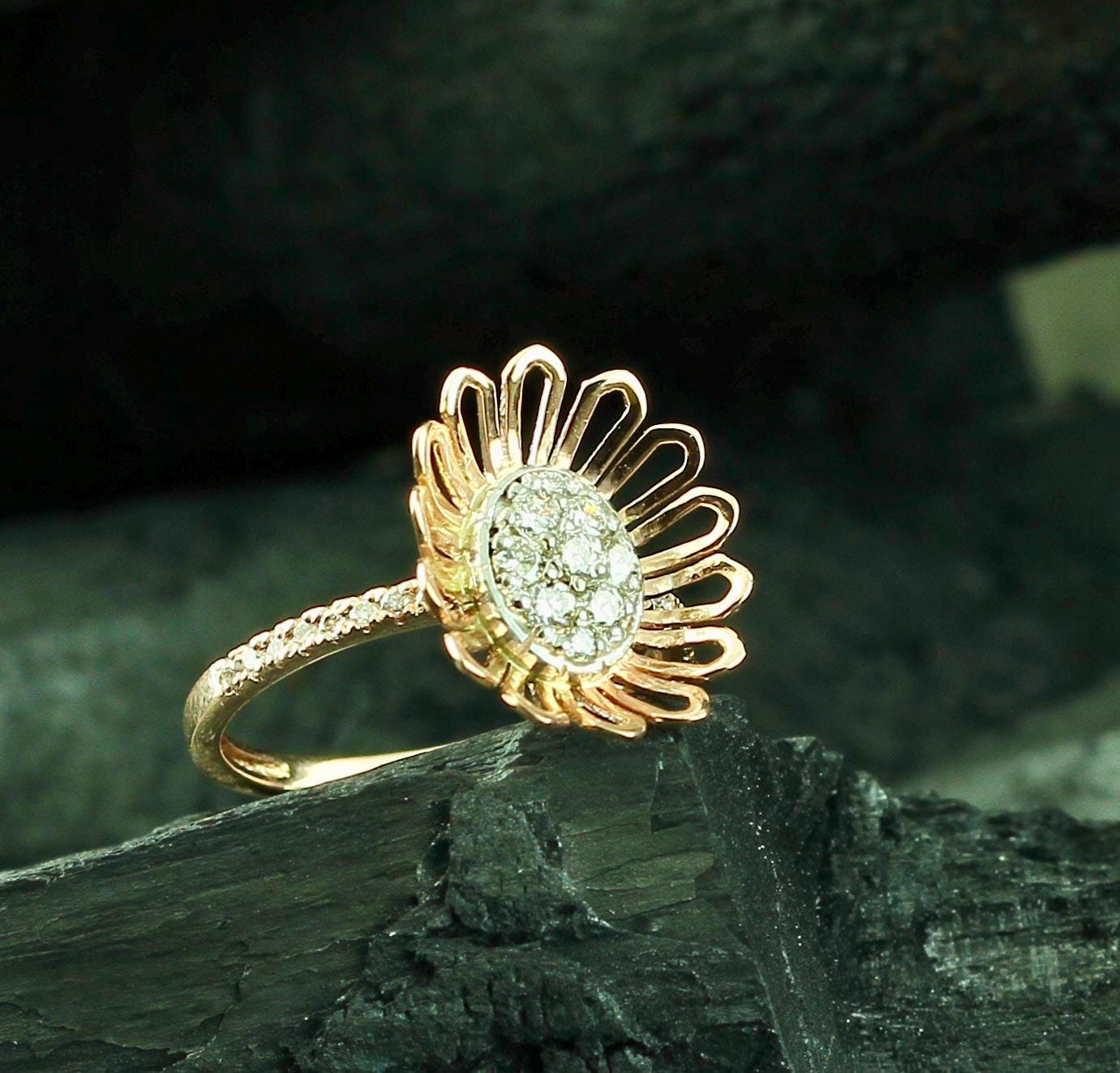 Sunflower Moissanite Ring • Sterling Silver Floral Pavé Band