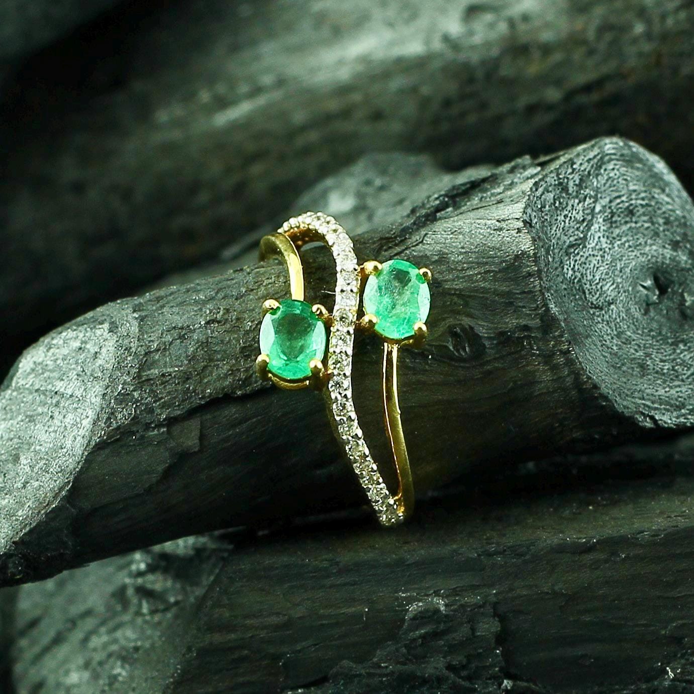 Emerald Bypass Ring • Sterling Silver Moissanite Pavé Flower