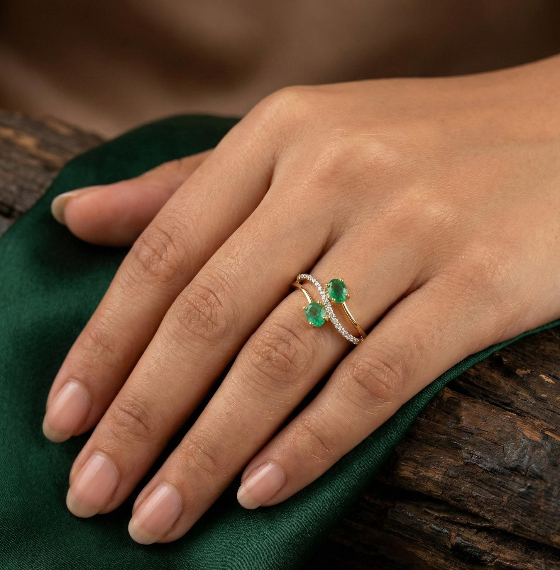Emerald Bypass Ring • Sterling Silver Moissanite Pavé Flower