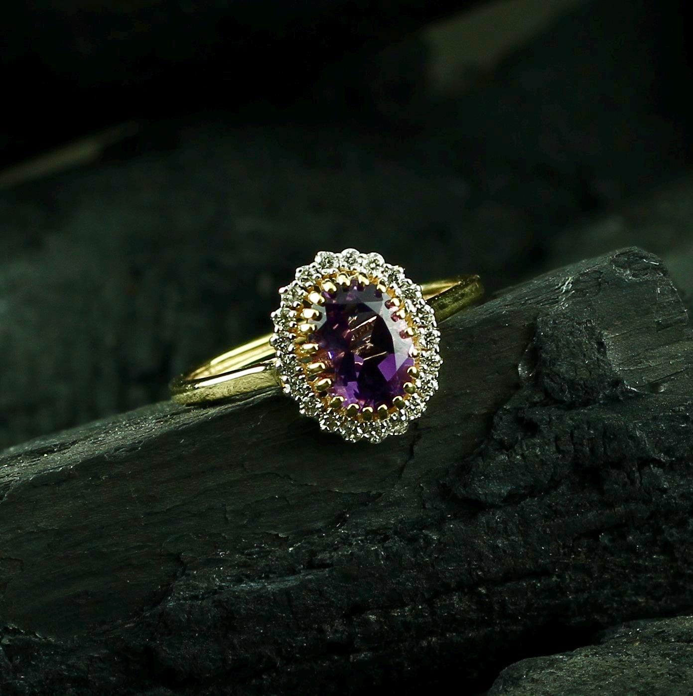 Oval Amethyst Sterling Silver Ring • Halo, Victorian, Moissanite Pavé
