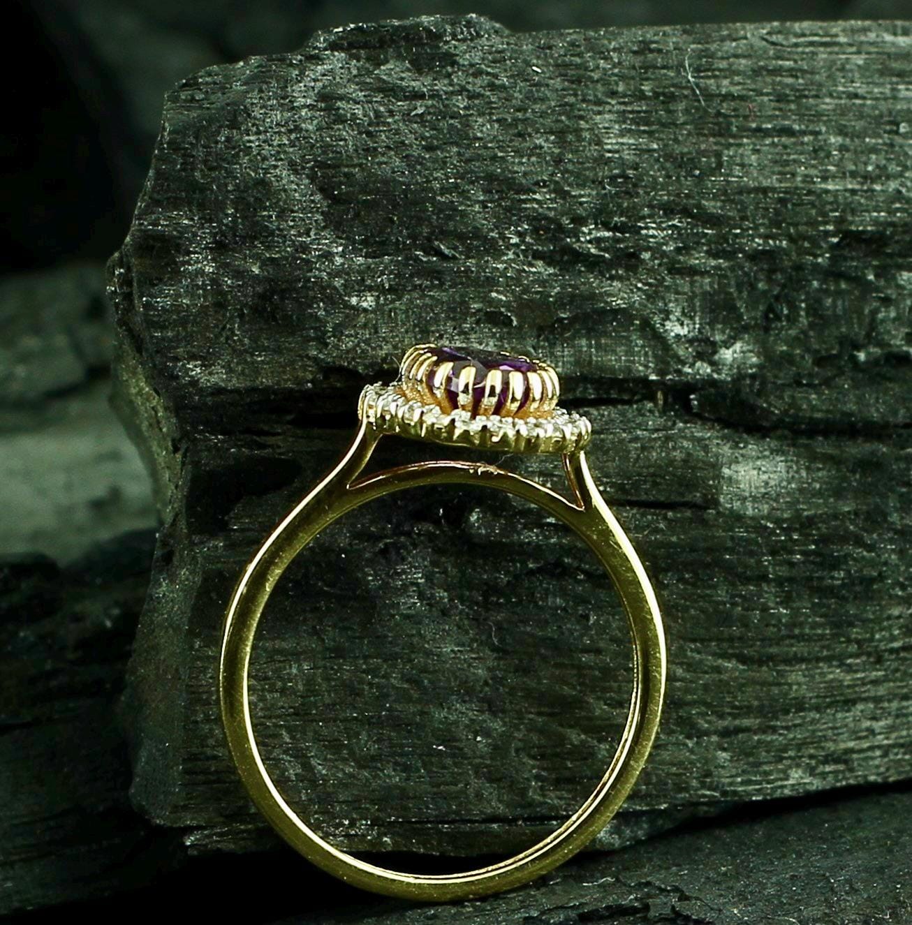 Oval Amethyst Sterling Silver Ring • Halo, Victorian, Moissanite Pavé