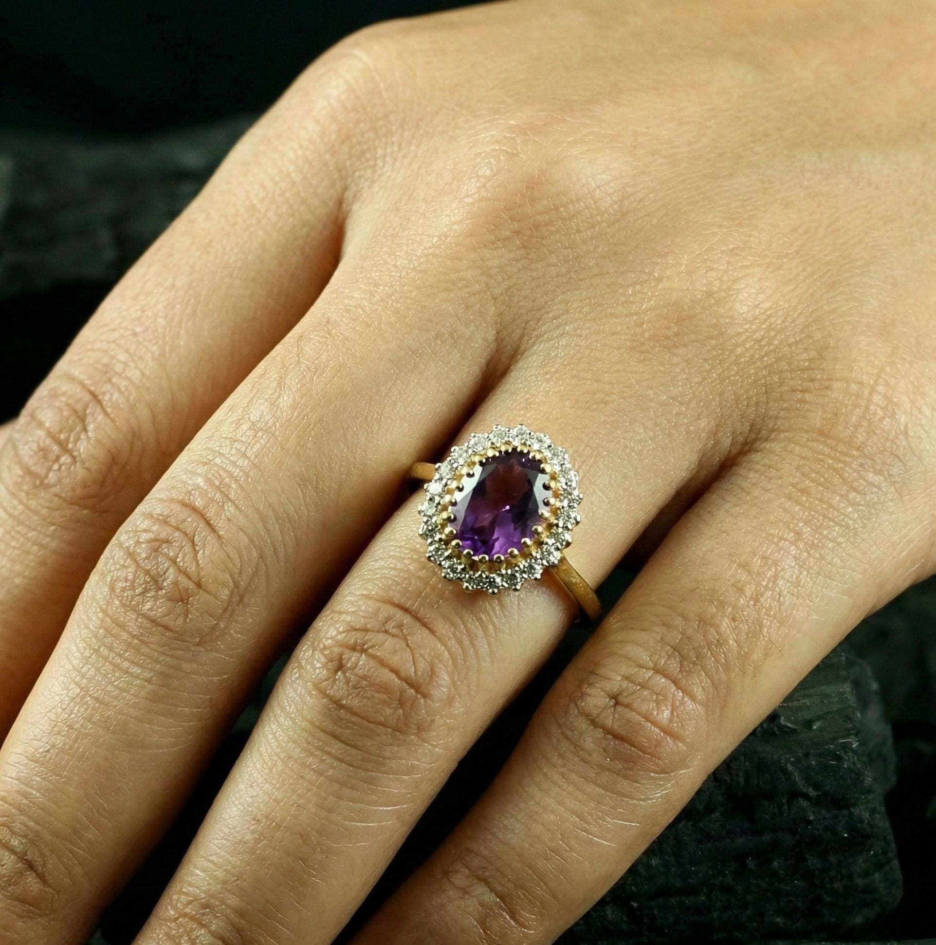 Oval Amethyst Sterling Silver Ring • Halo, Victorian, Moissanite Pavé