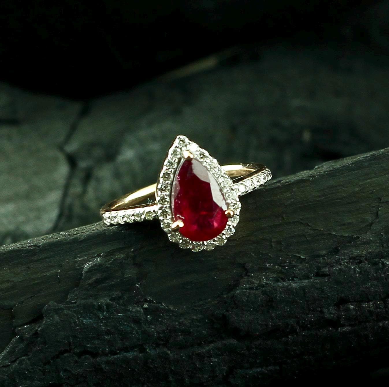 Pear Ruby Halo Ring | Sterling Silver Pavé, Anniversary Gift