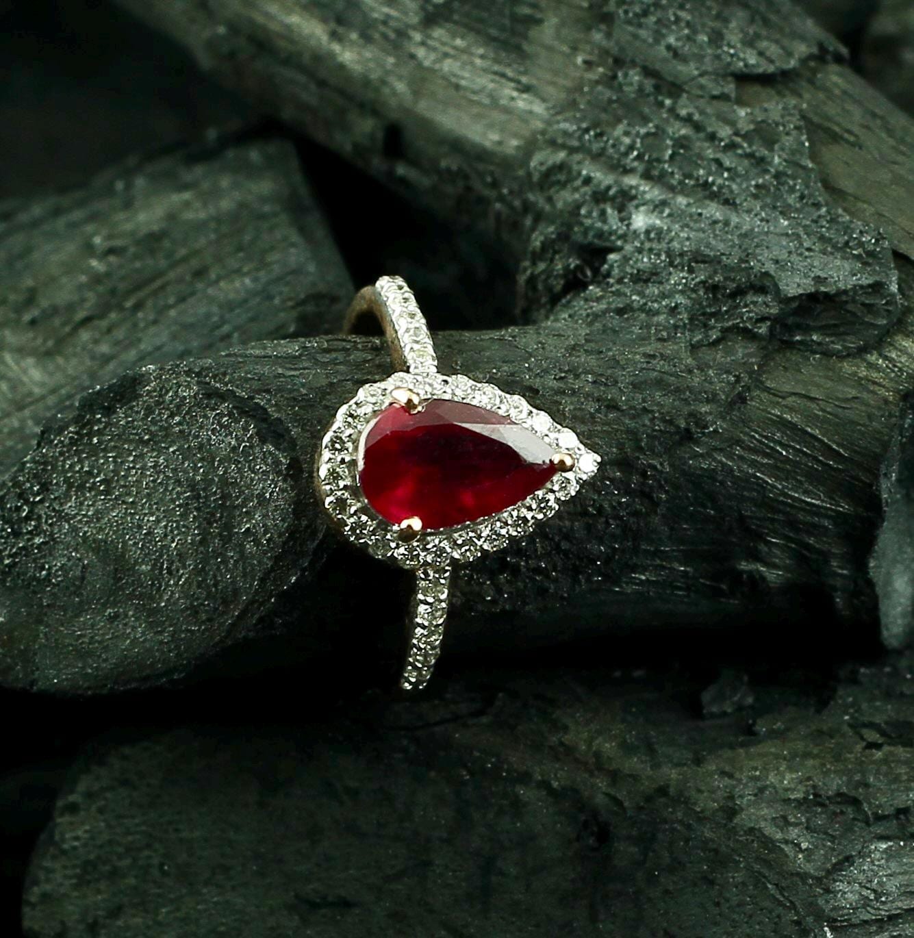 Pear Ruby Halo Ring | Sterling Silver Pavé, Anniversary Gift
