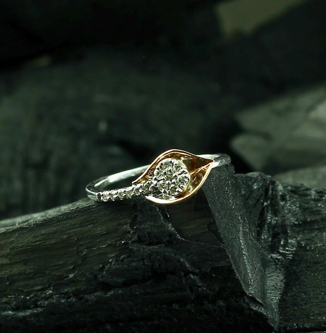 Sterling Silver Leaf Ring, Dainty Moissanite Pave Band