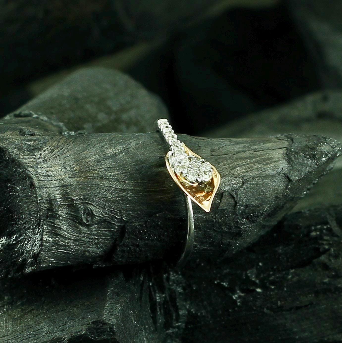 Sterling Silver Leaf Ring, Dainty Moissanite Pave Band