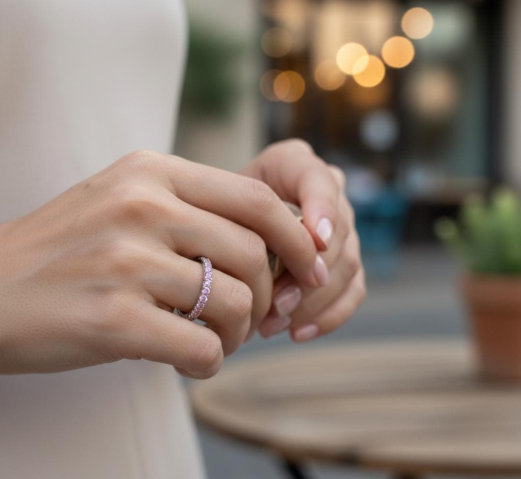 Morganite Eternity Band, 925 Sterling Silver Delicate Stackable Ring
