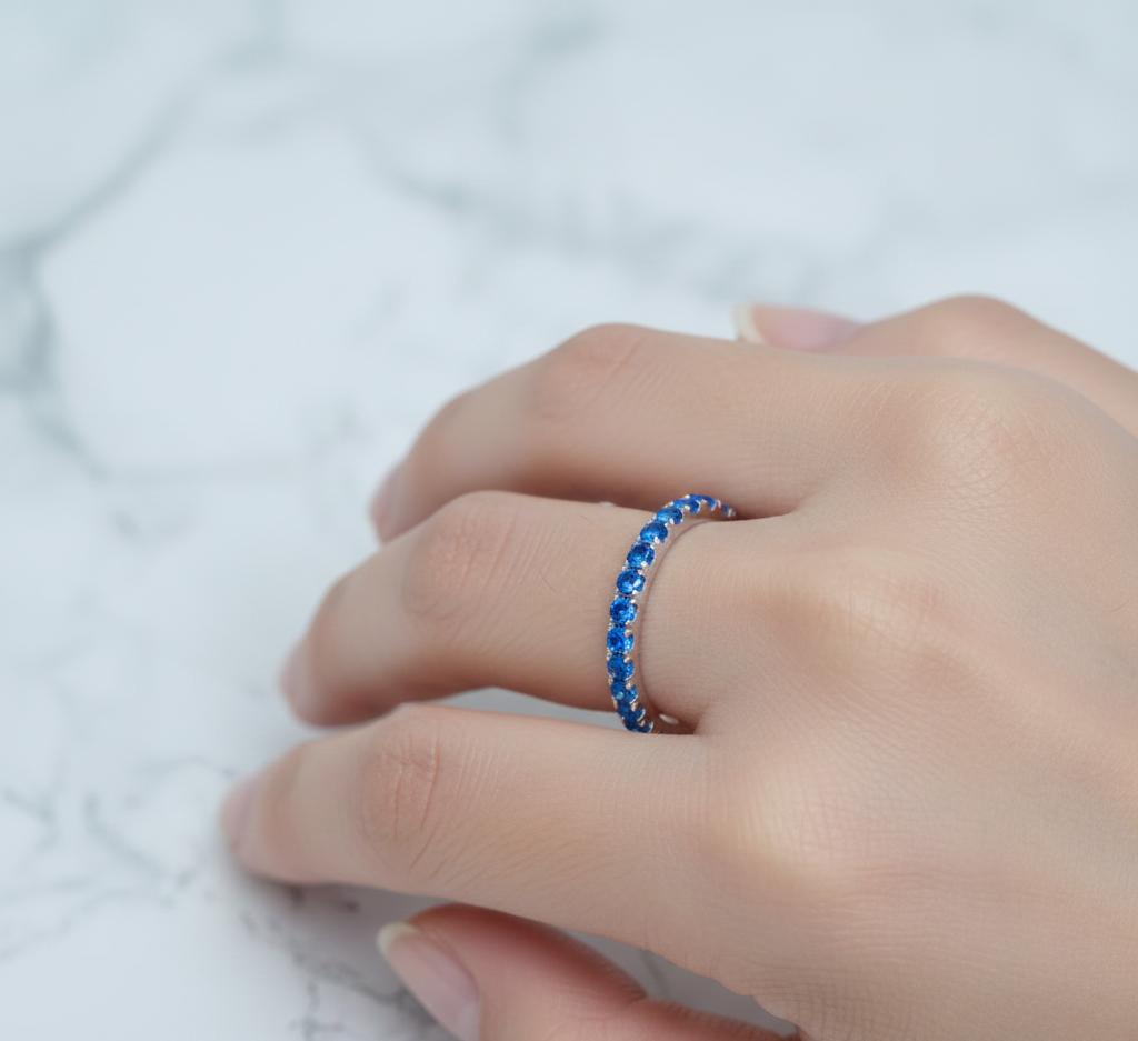 Swiss Blue Topaz Eternity Ring, 925 Sterling Silver Wedding Band