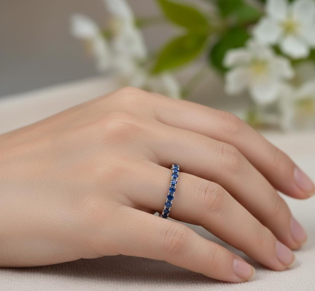 Sterling Silver Blue Sapphire Eternity Band, Stackable Anniversary Ring