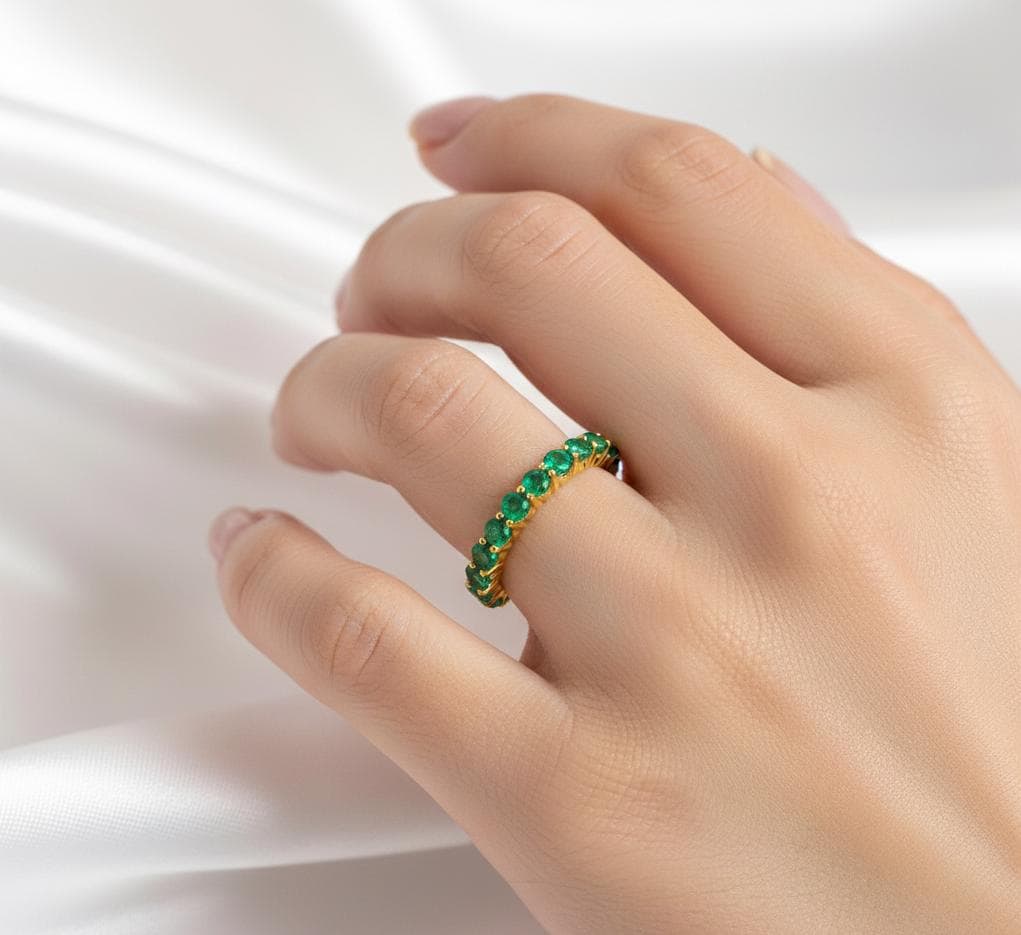 Emerald Eternity Band, 925 Sterling Silver, Round Cut, Anniversary Gift Ring
