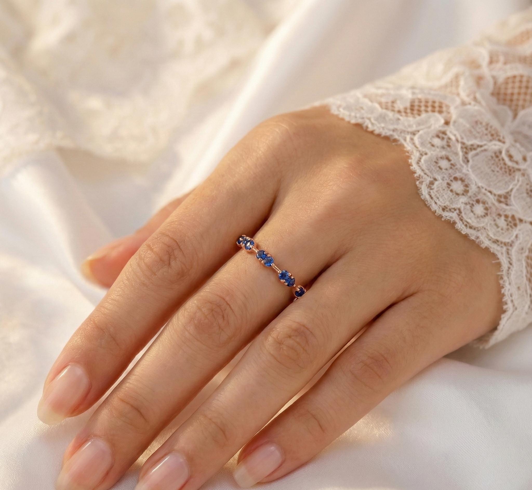 Blue Sapphire Ring, Sterling Silver Dainty Band, Anniversary Gift