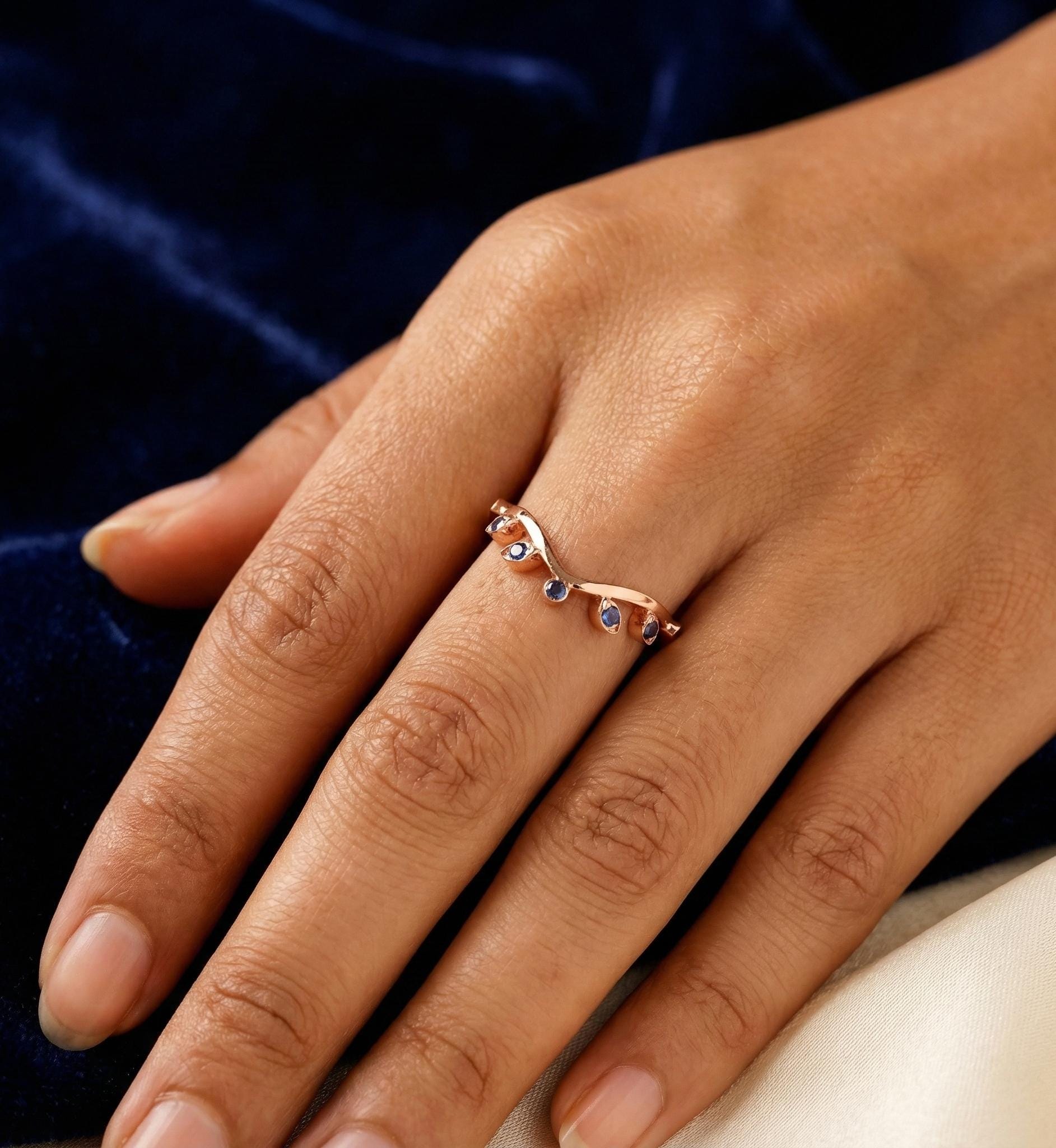 Blue Sapphire Leaf Ring, Sterling Silver Wedding Band