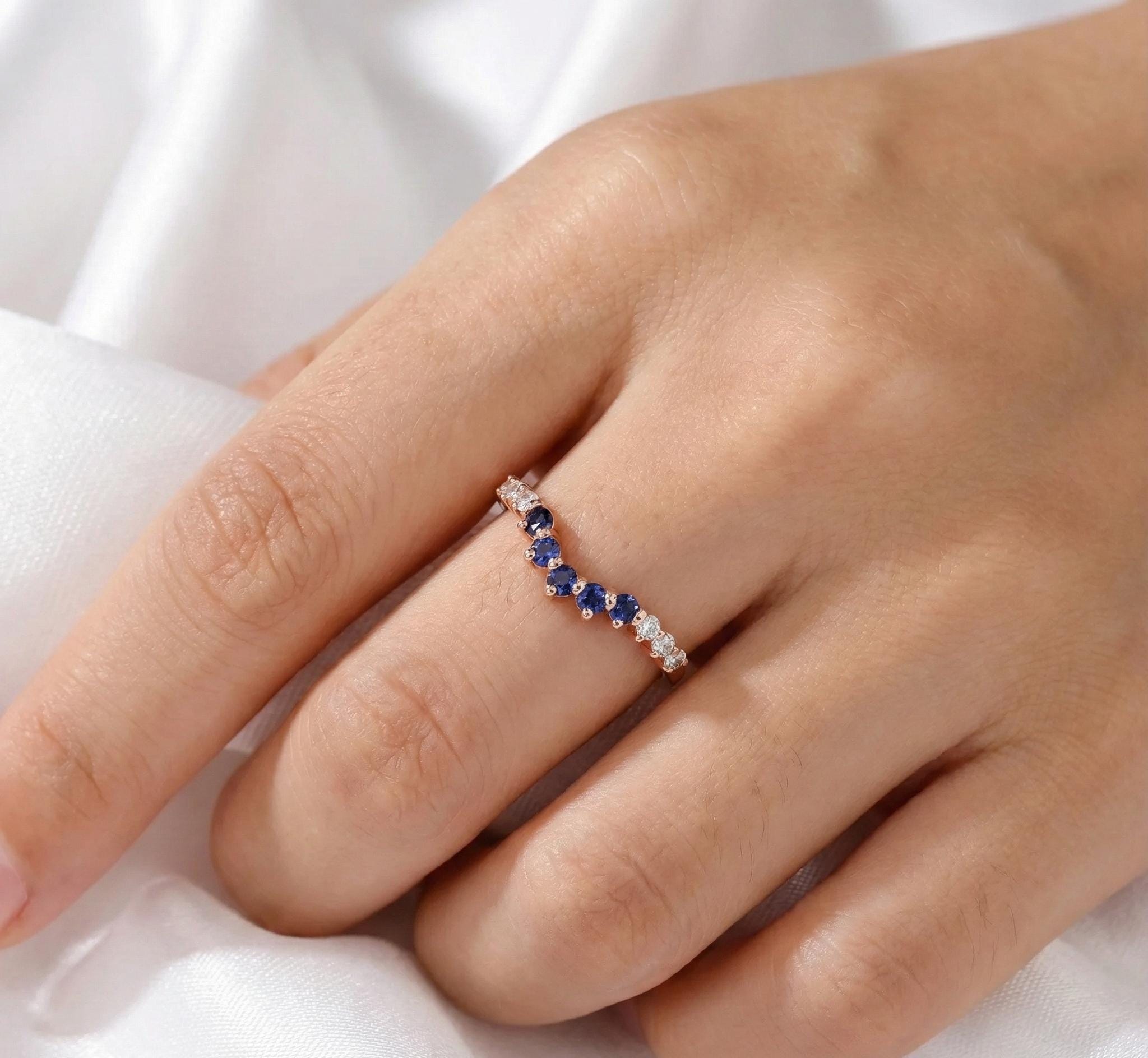 Blue Sapphire Sterling Silver Curved Wedding Band, Anniversary Ring
