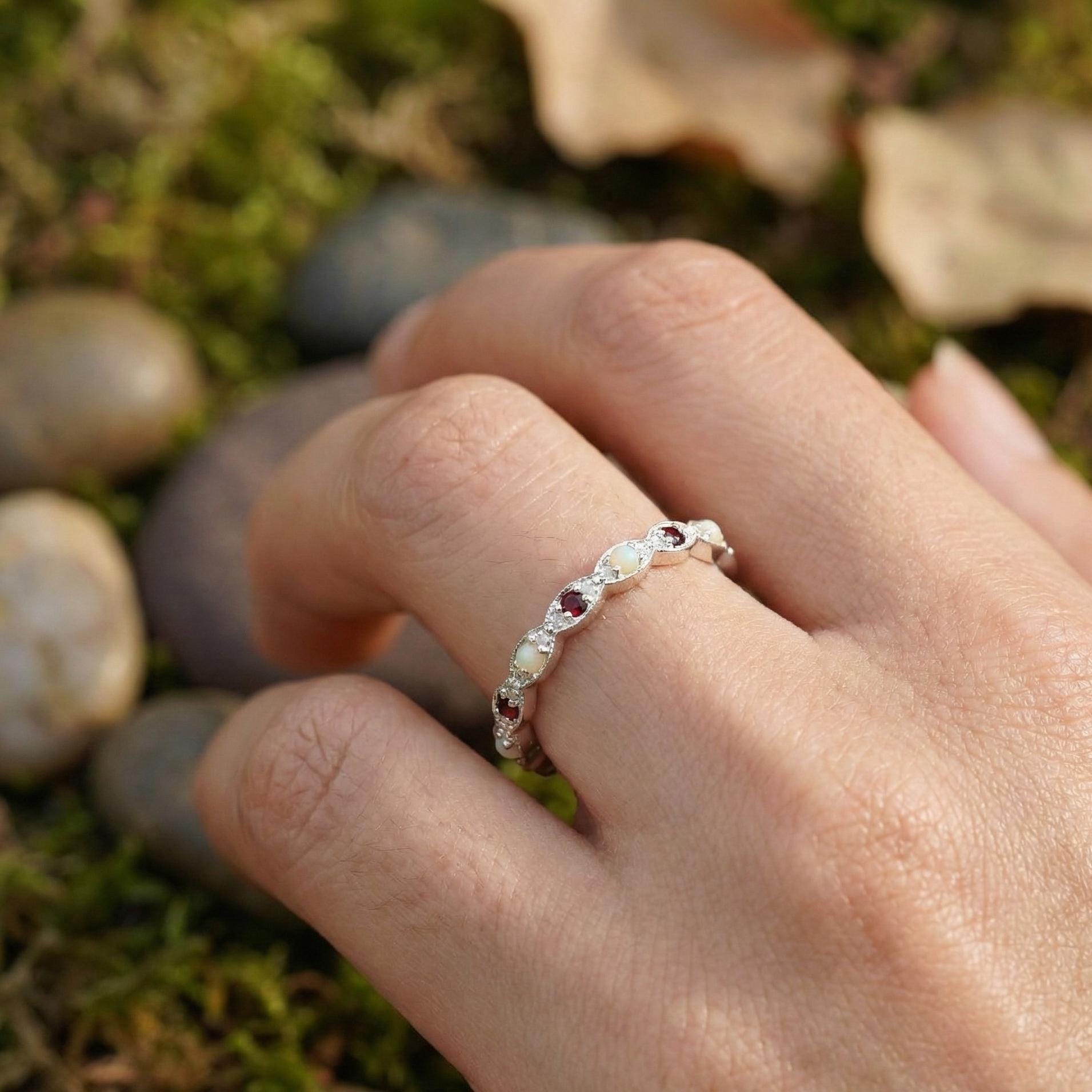Opal Eternity Band, Sterling Silver Ruby Stacking Ring