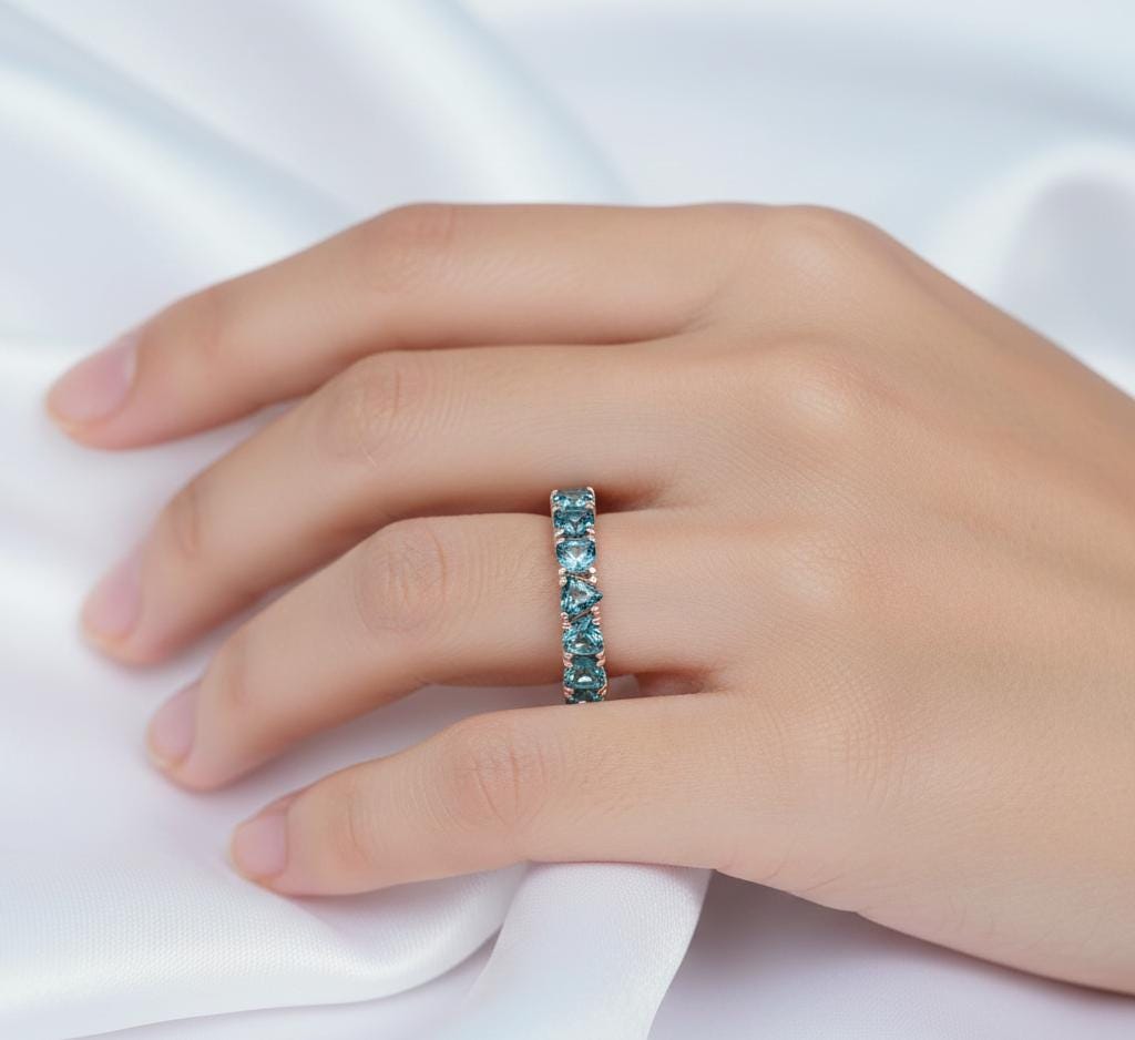 Blue Topaz Wedding Band, Sterling Silver Trilliant Cut Ring