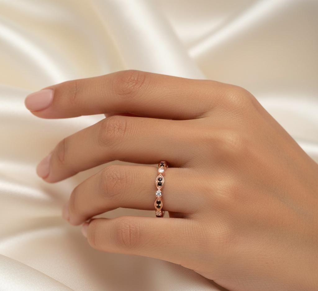 Black Onyx Sterling Silver Wedding Band with Moissanites
