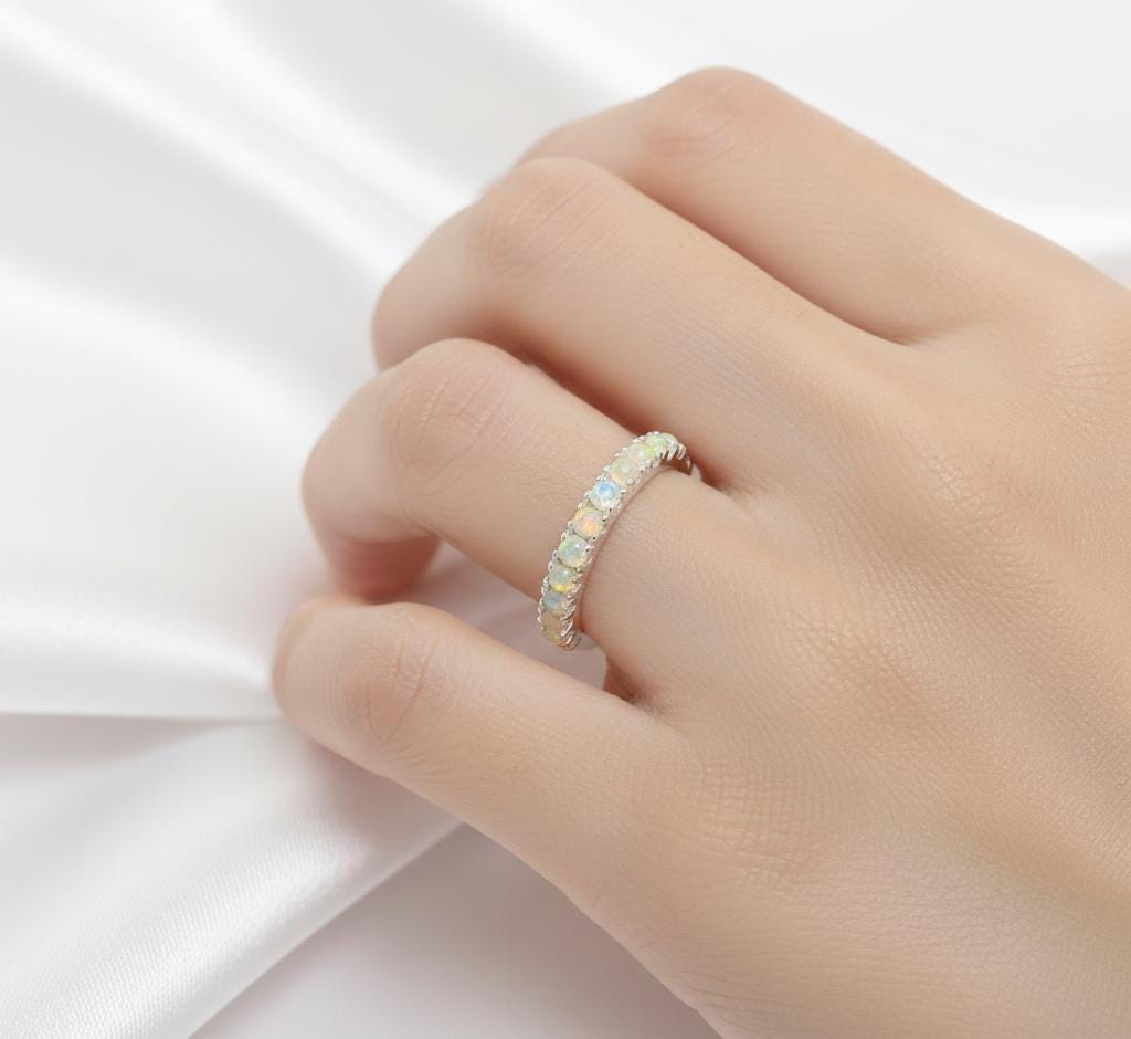 Opal Wedding Band, 925 Sterling Silver Pave Anniversary Ring