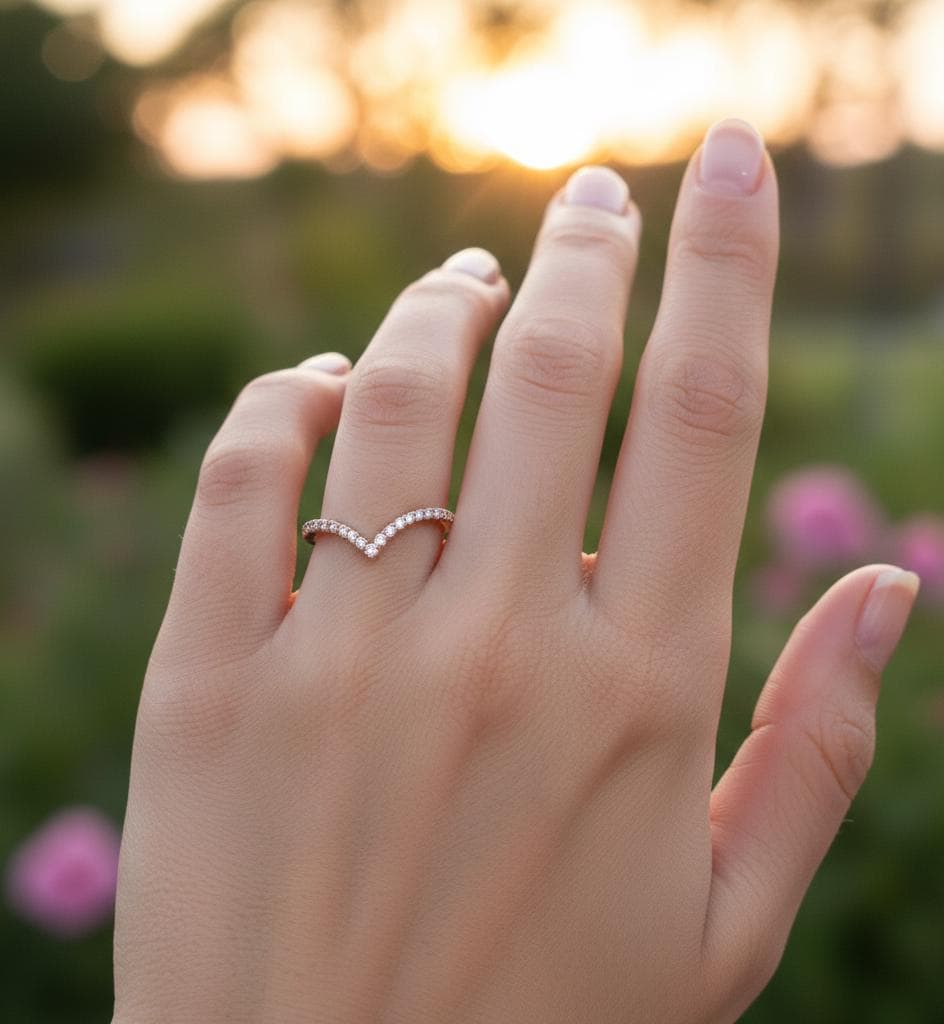 Moissanite Chevron Band: Sterling Silver V-Shape Wedding Ring Set