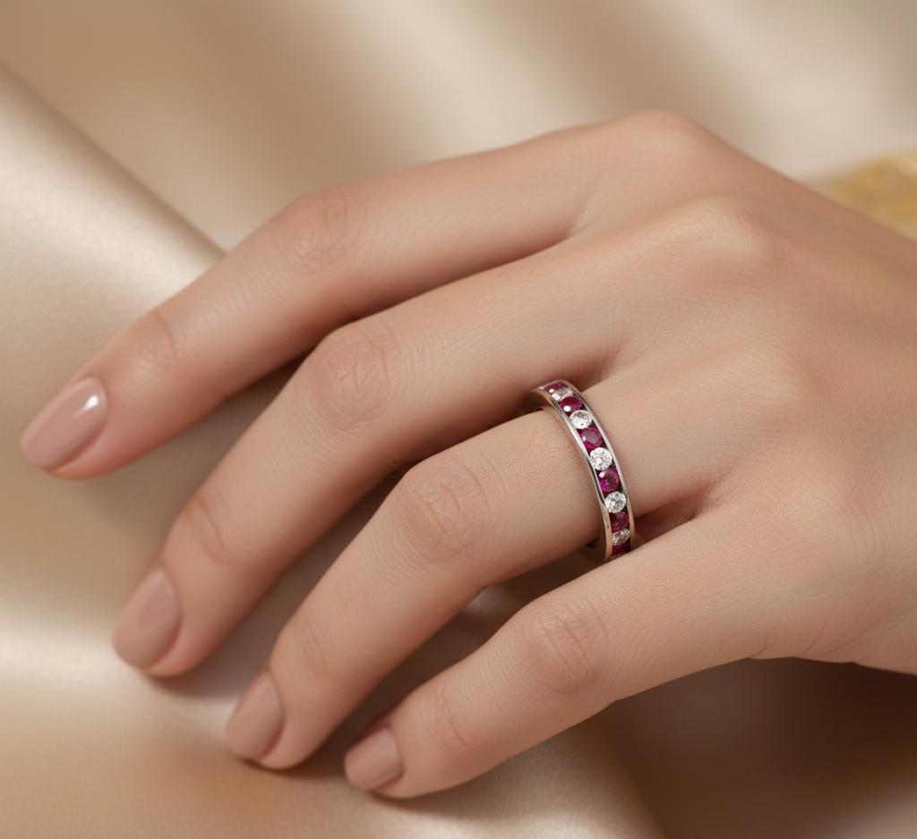 Ruby & Moissanite Eternity Band, Sterling Silver Anniversary Ring