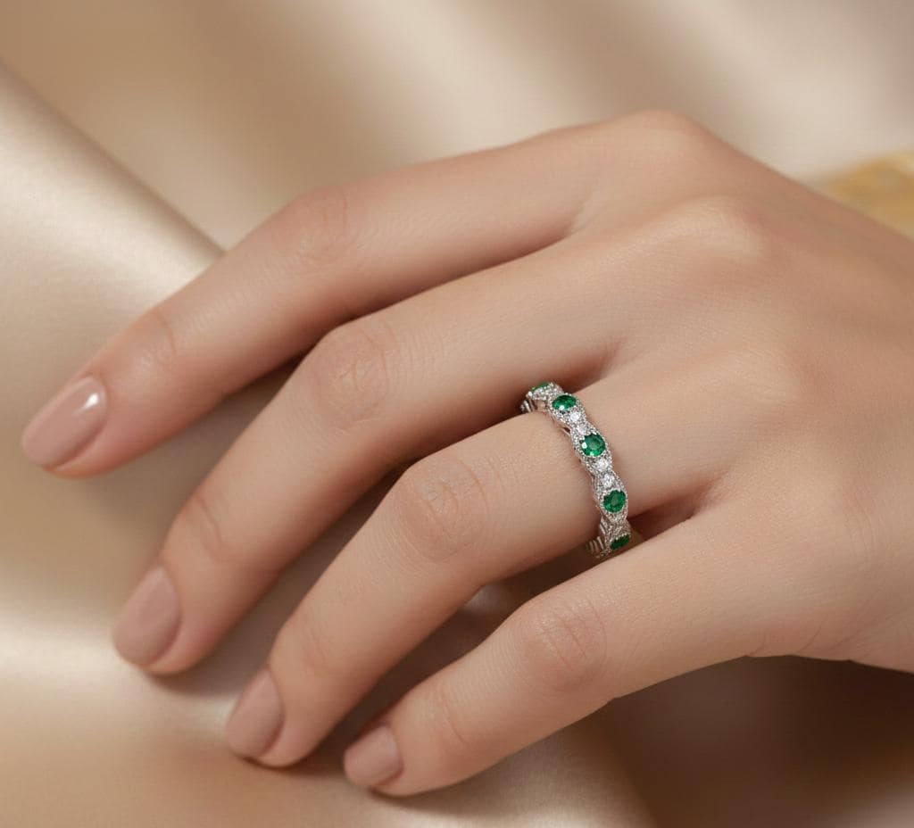 Emerald Moissanite Wedding Band, Sterling Silver Art Deco Milgrain Ring