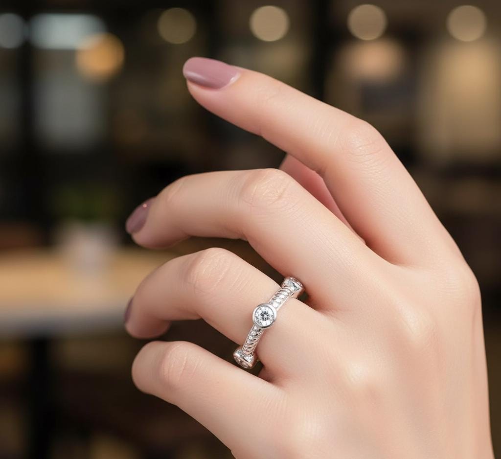 Moissanite Wedding Band, Bezel Set Art Deco Sterling Silver Ring