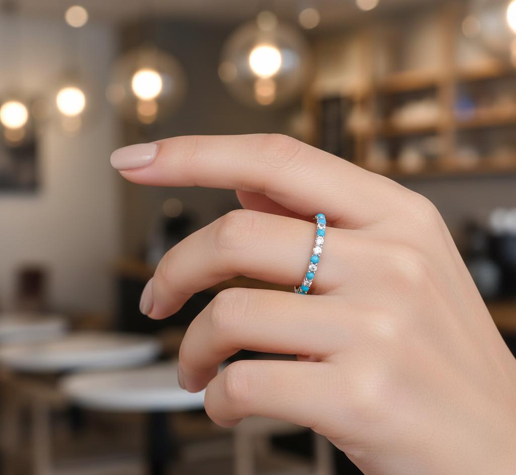 Turquoise Moissanite Eternity Band, 925 Sterling Silver Ring
