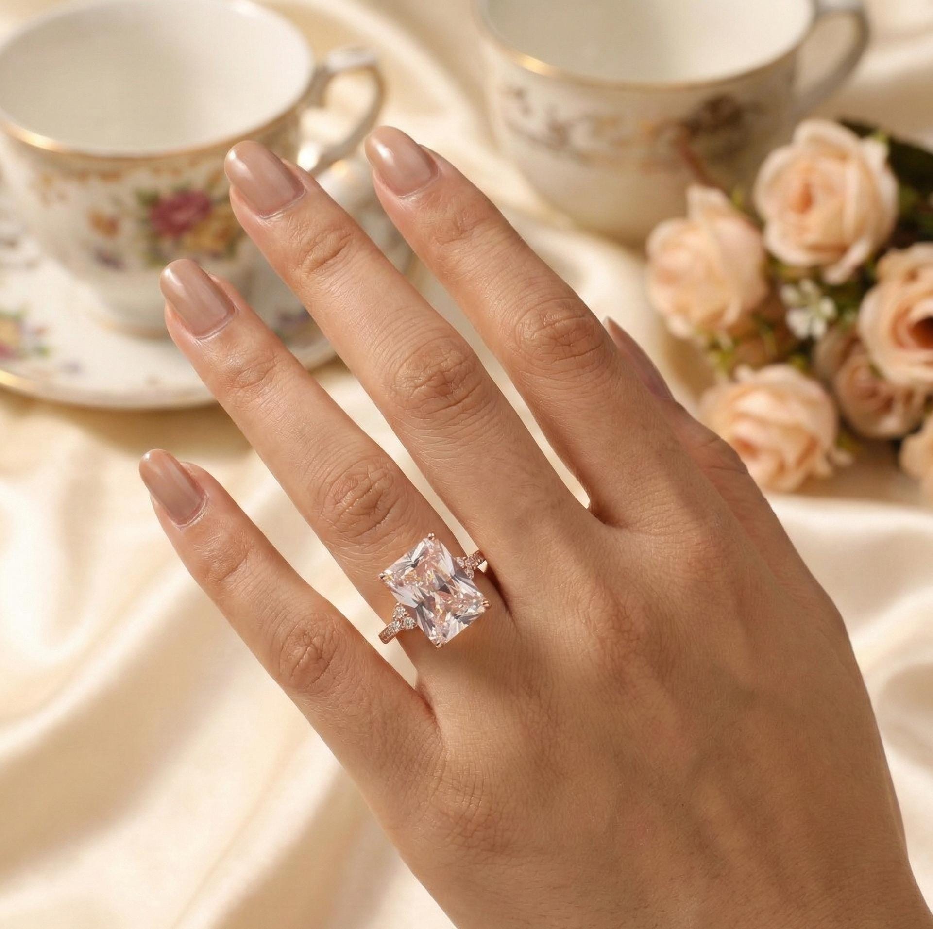 Radiant Moissanite Engagement Ring, Art Deco 925 Sterling Silver