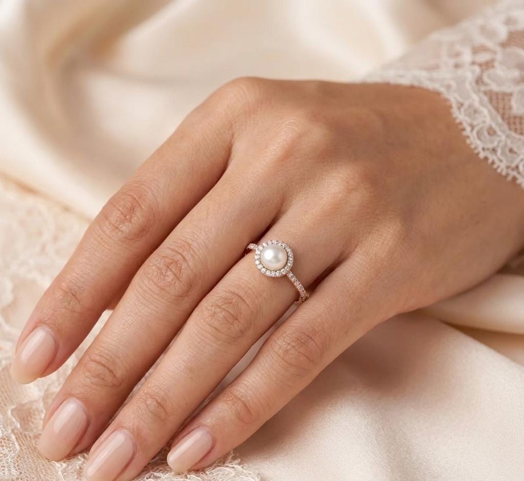 Pearl Halo Engagement Ring, 925 Sterling Silver, Moissanite Accents