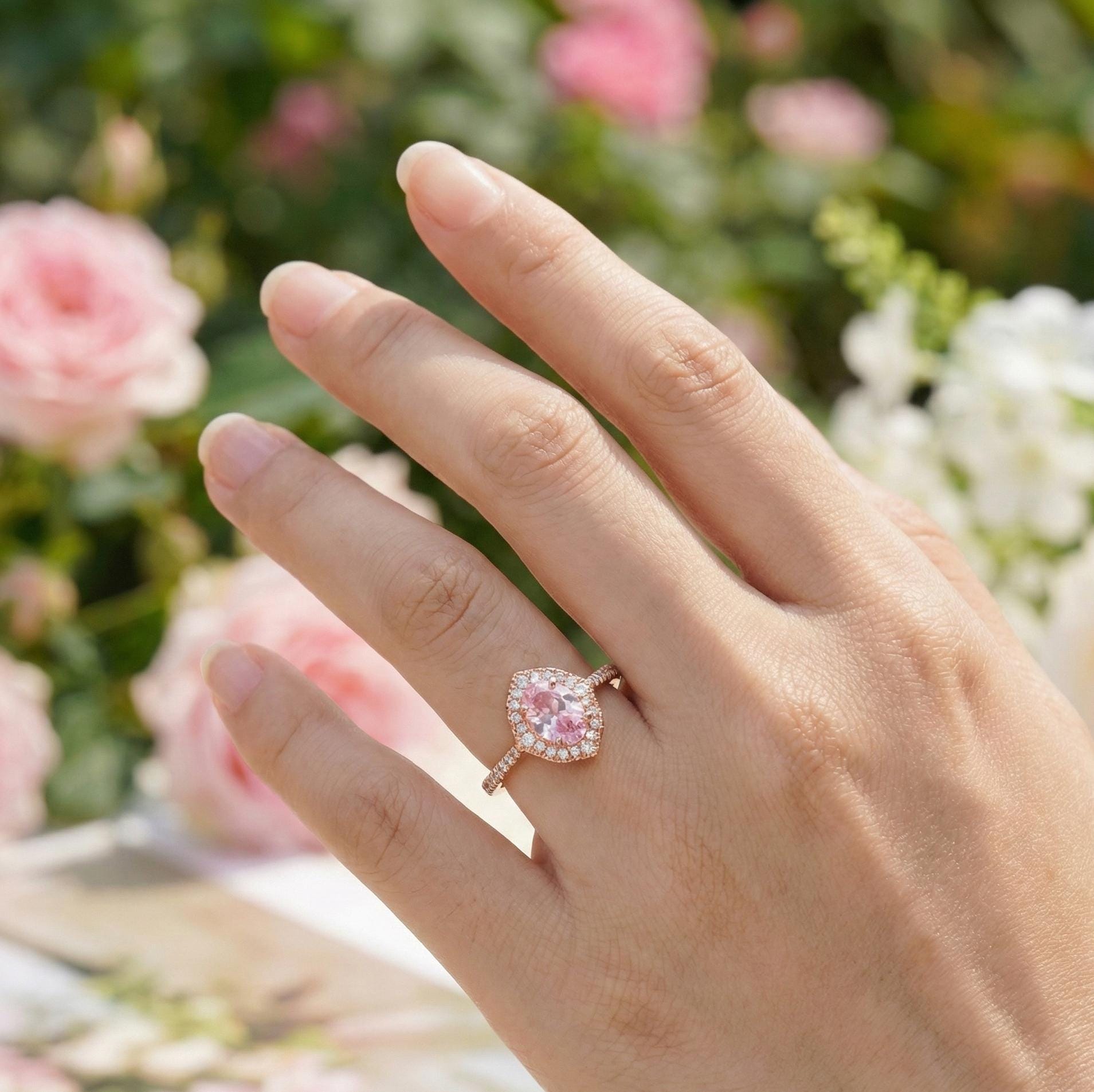 Oval Morganite Halo Ring, 925 Sterling Silver Milgrain Promise Ring